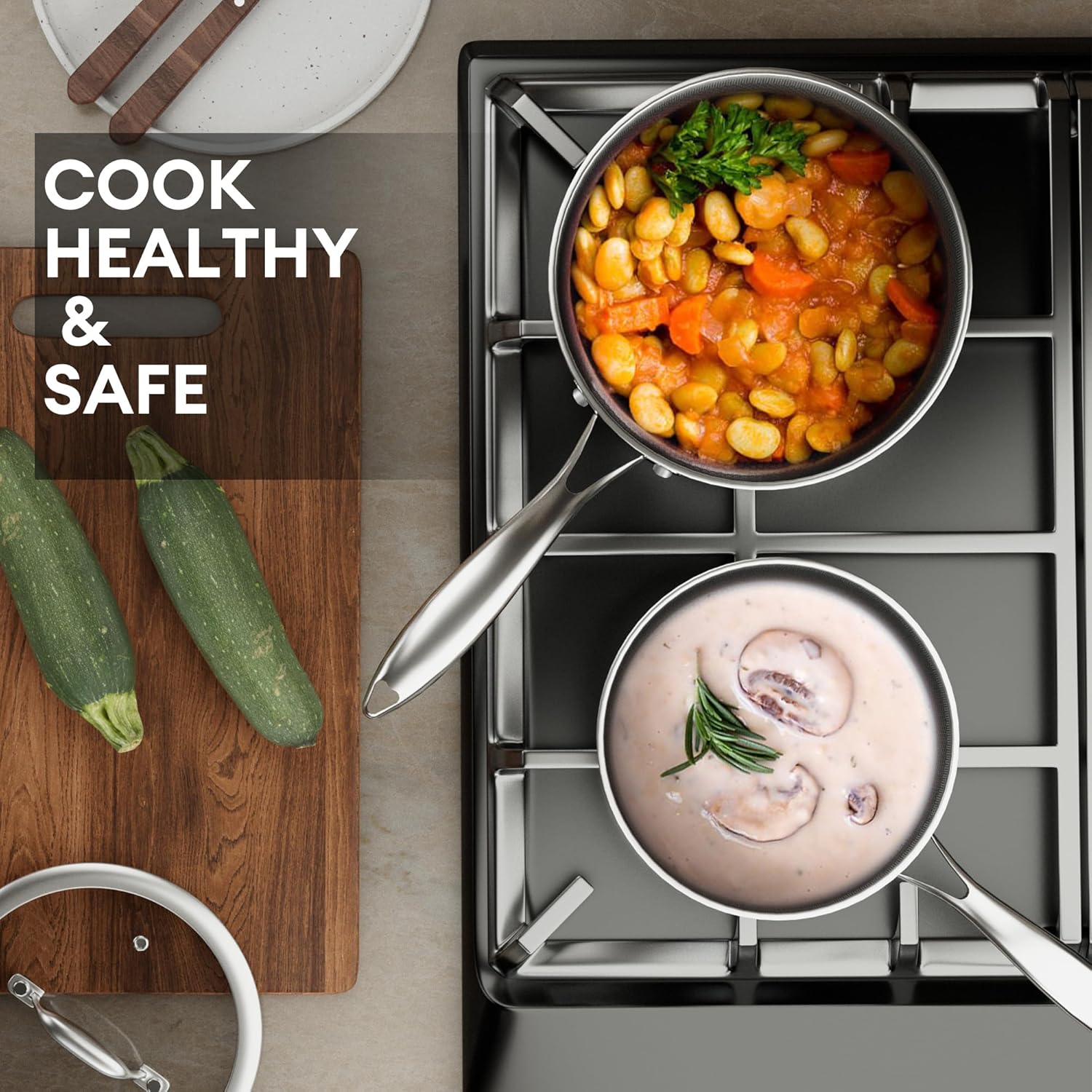 COOKER KING Sauce Pan Set, 1.5 QT & 2 QT Saucepan with Lid, Hybrid Ceramic Nonstick Saucepan, non stick Sauce pot, Stainless steel Cookware, Induction Compatible (PFAS/PFOA/PTFE Free) - Image 3