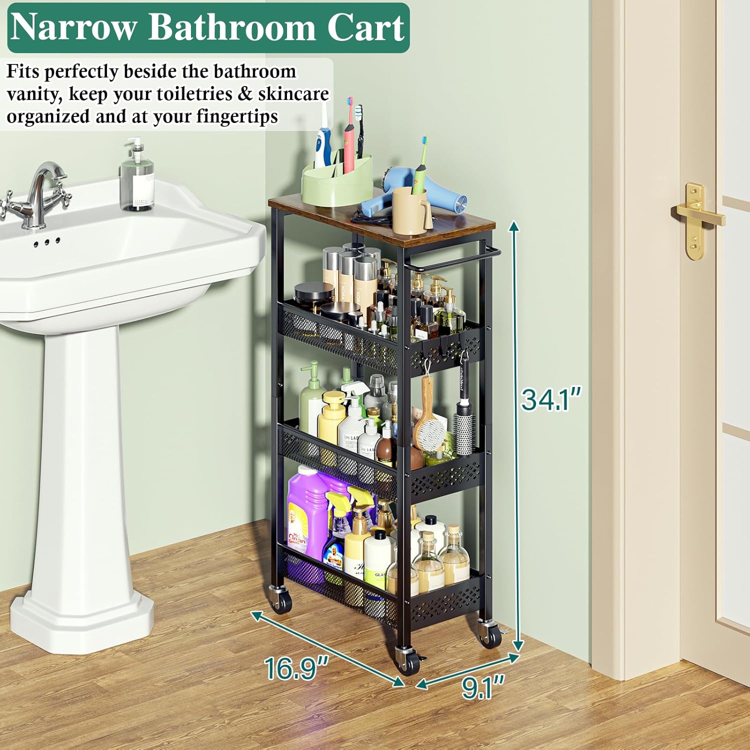 Utility Slim Storage Cart, 4-Tier Narrow Bathroom Organizer and Storage Cart, Metal Narrow Kitchen Laundry Room Organization Rack with Wood Top, Slim Rolling Shelf with Wheels for Small Space - Image 2