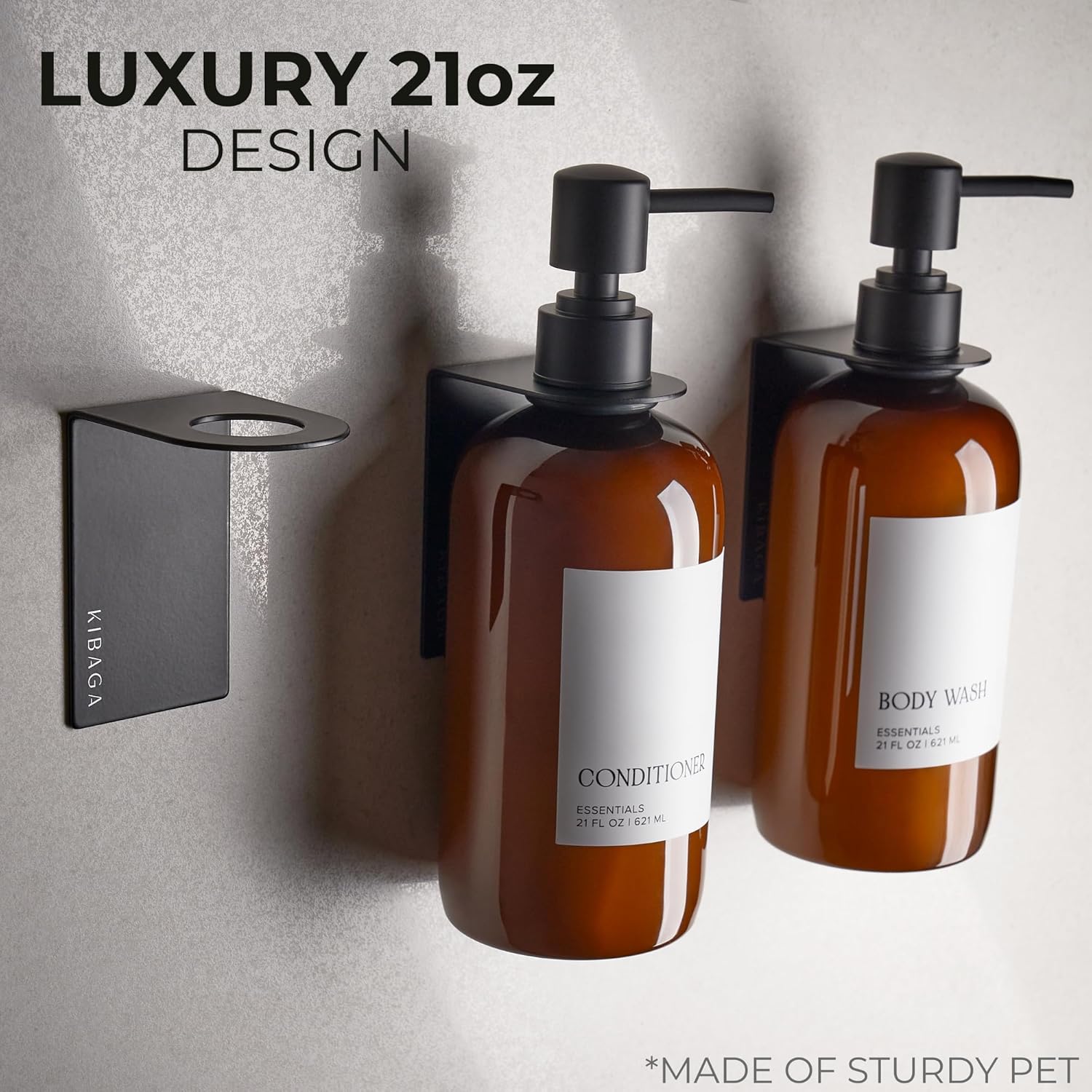 Stylish Shampoo and Conditioner Dispenser Set of 3 for Wall Mount - Modern Drill Free 21oz Shower Soap Bottles with Labels - Easy Refill Body Wash Dispensers for an Instant Bathroom Decor Upgrade - Image 4