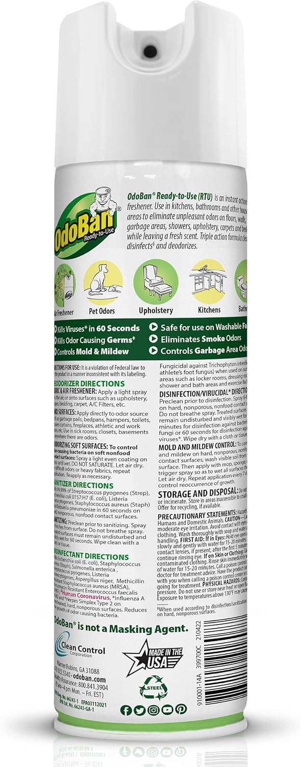 OdoBan Ready-to-Use 360-Degree Continuous Spray Disinfectant and Harsh Aroma Eliminator, Fabric and Air Freshener, 6 Pack, 14.6 Ounces Each, Original Eucalyptus Scent Clear - Image 2