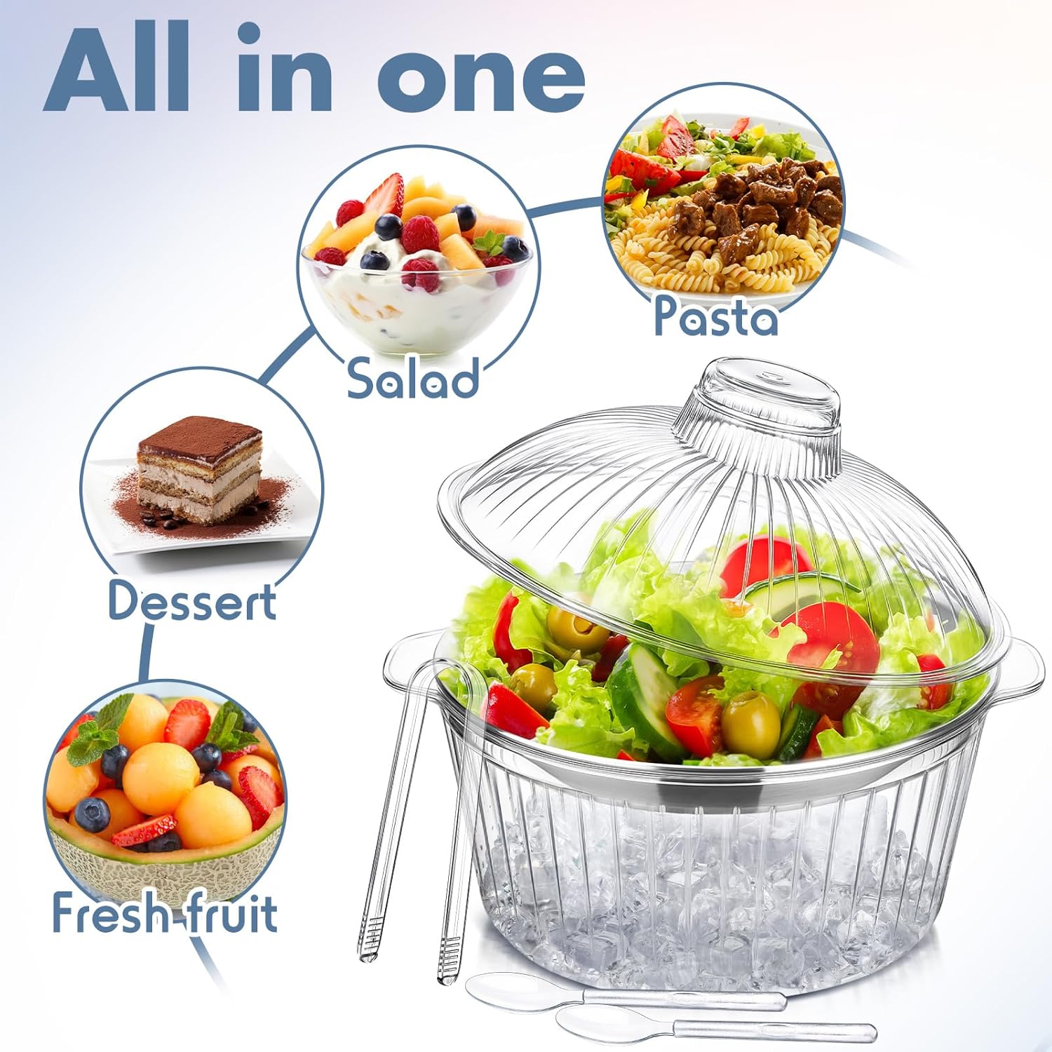 Baderke 3 Set 8.54'' Chilled Salad Bowl with Ice Chiller Base and Lid Chilled Serving Trays with Stainless Steel Plate Cold Food Serving Trays with Plastic Tableware for Party Buffet Outdoor Picnic - Image 3