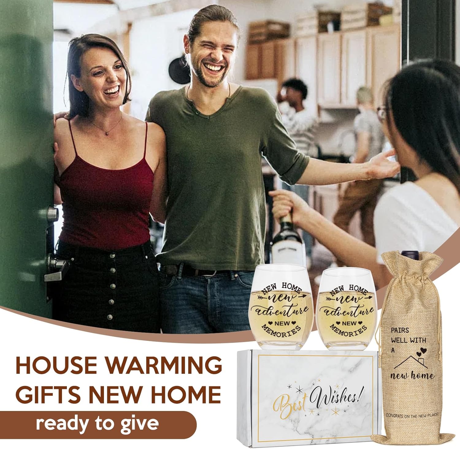 House Warming Gifts New Home, Housewarming Baskets Stemless Wine Glass & Bottle Bag Set for Newlywed Couple, Women, Friends, New Homeowner, Unique Closing Gift for Home Buyers, Clients - Image 4