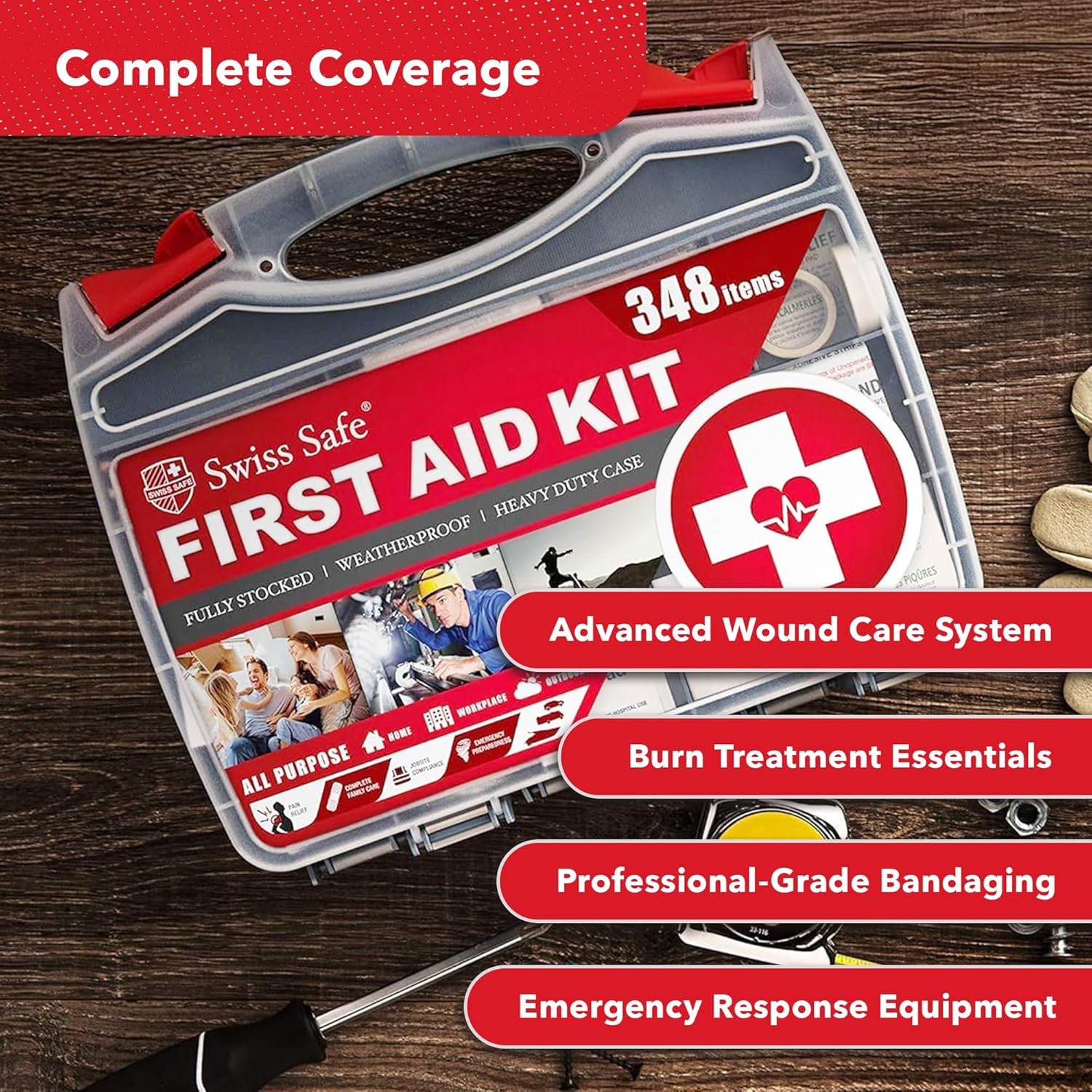Swiss Safe 2-in-1 First Aid Kit for Car, Travel & Home, Businesses - Bonus Mini Kit for Medical Emergency Aid, Survival, Camping - FSA & HSA Eligible - 348 Pcs, Large Hardcase FAK - Image 6