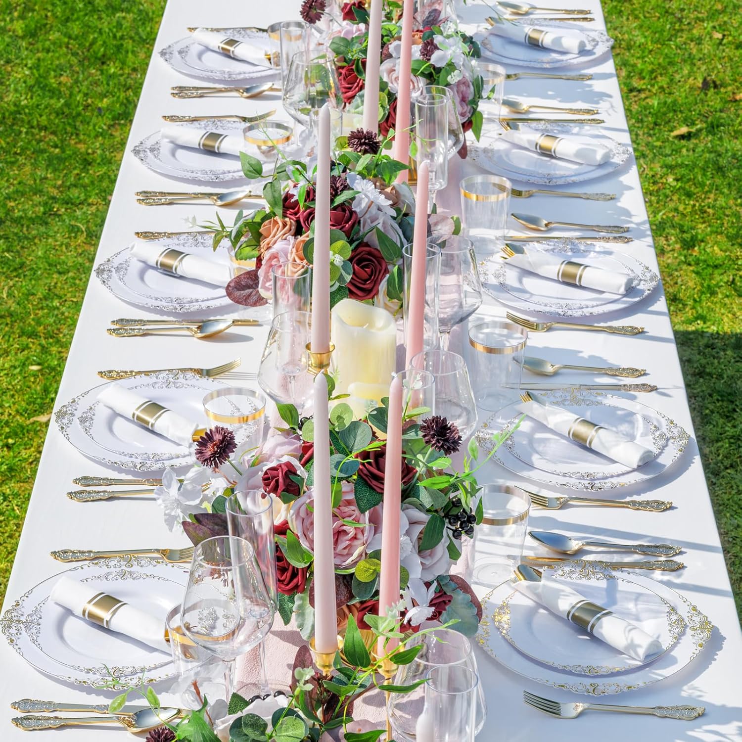 Nervure 350PCS Gold Plastic Plates - Gold Plastic Dinnerware Sets for 50 Guests - 100 Disposable Plates, 150 Silverware, 50 Cups, 50 Napkins for Wedding & Party - Image 6