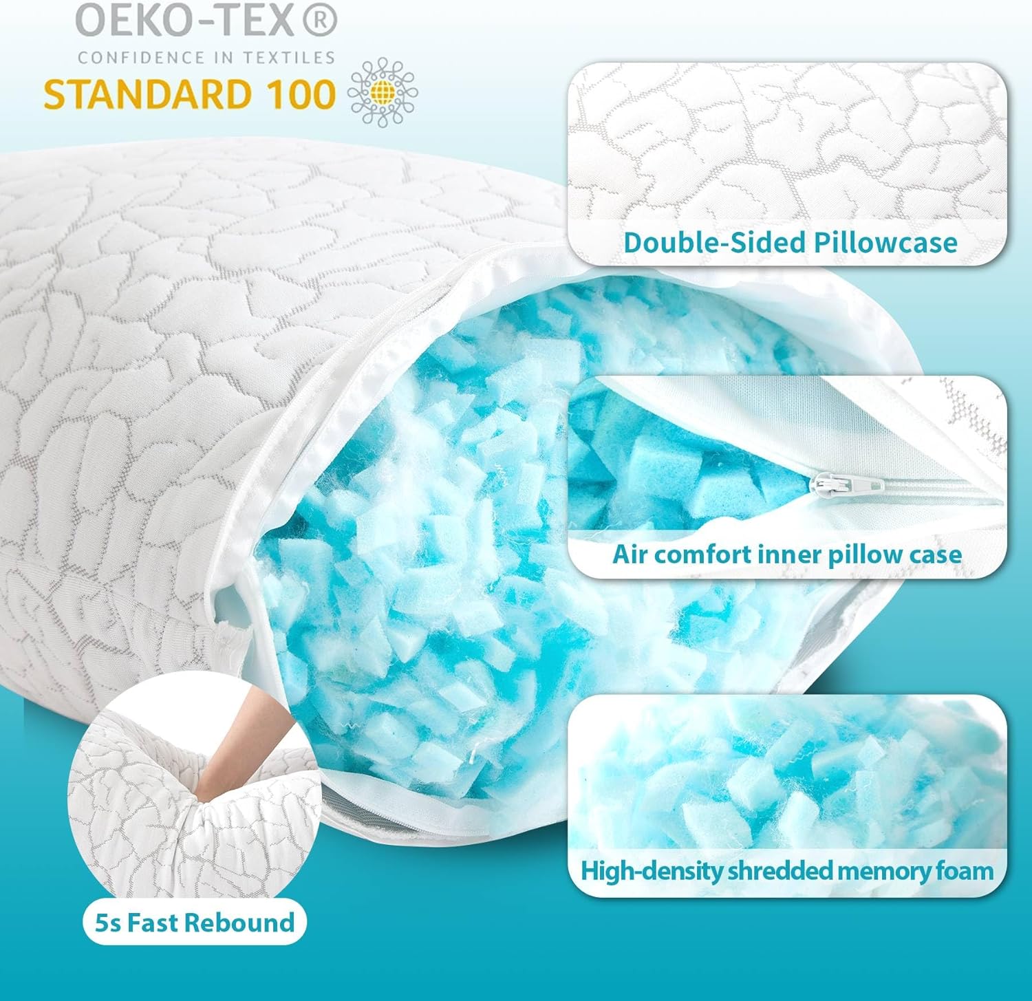 Cooling Pillows for Sleeping 2 Pack, Adjustable Shredded Memory Foam Pillows Queen Size Set of 2, Firm Bed Pillows for Side Back Stomach Hot Sleepers, Cold Pillow with Removable Washable Cover - Image 4
