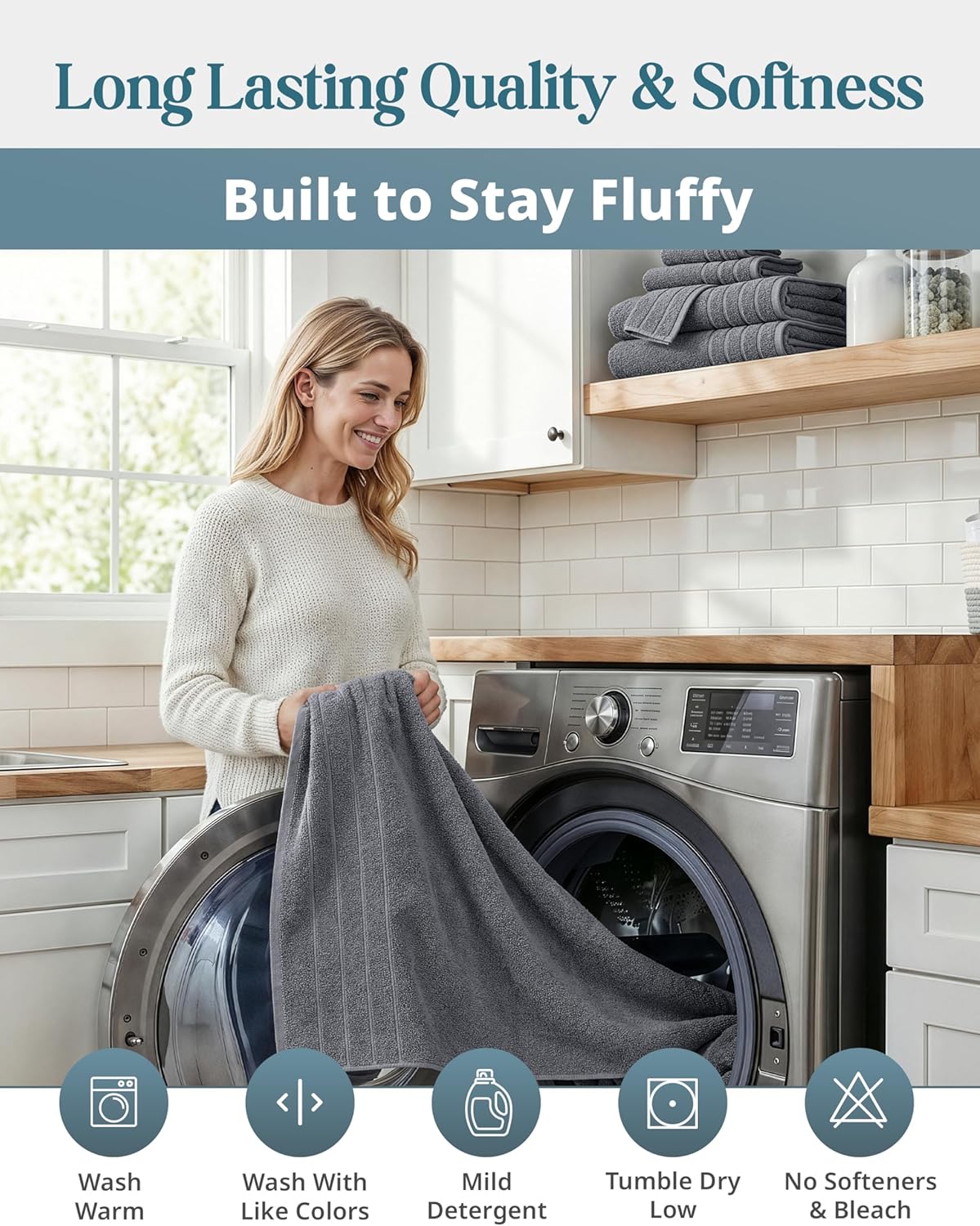 Casa Platino Cotton Towels Set for Bathroom - 18 Pc Family Pack - Super Soft & Quick Dry - 6 Bath, 6 Washcloth, 6 Hand Towels - Oeko TEX Certified, Machine Washable & Durable - Cool Grey - Image 7