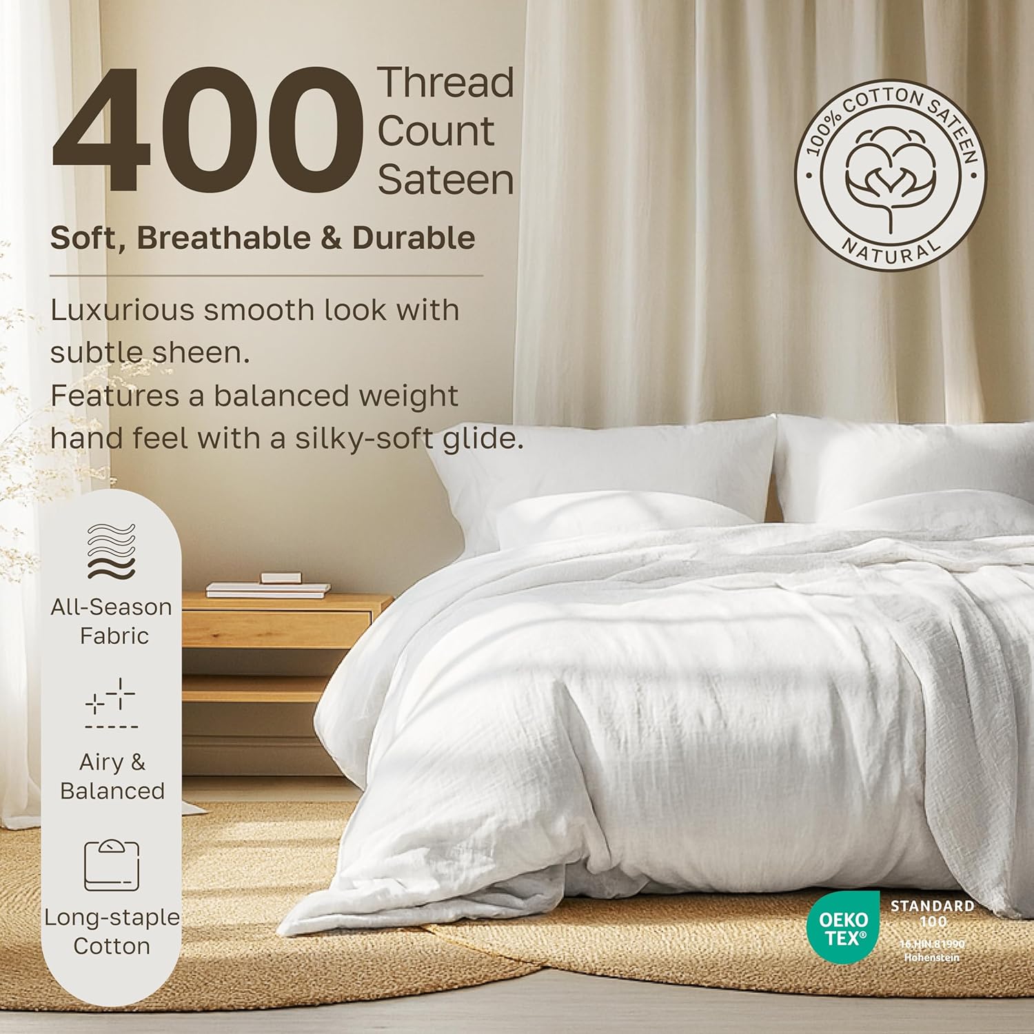 California Design Den Full Size Bed Sheets Set - Soft 400 Thread Count Sateen, Natural 100% Cotton Sheets Full Size Bed Set, Deep Pockets for a Snug Fit, Durable Bedding - White - Image 2