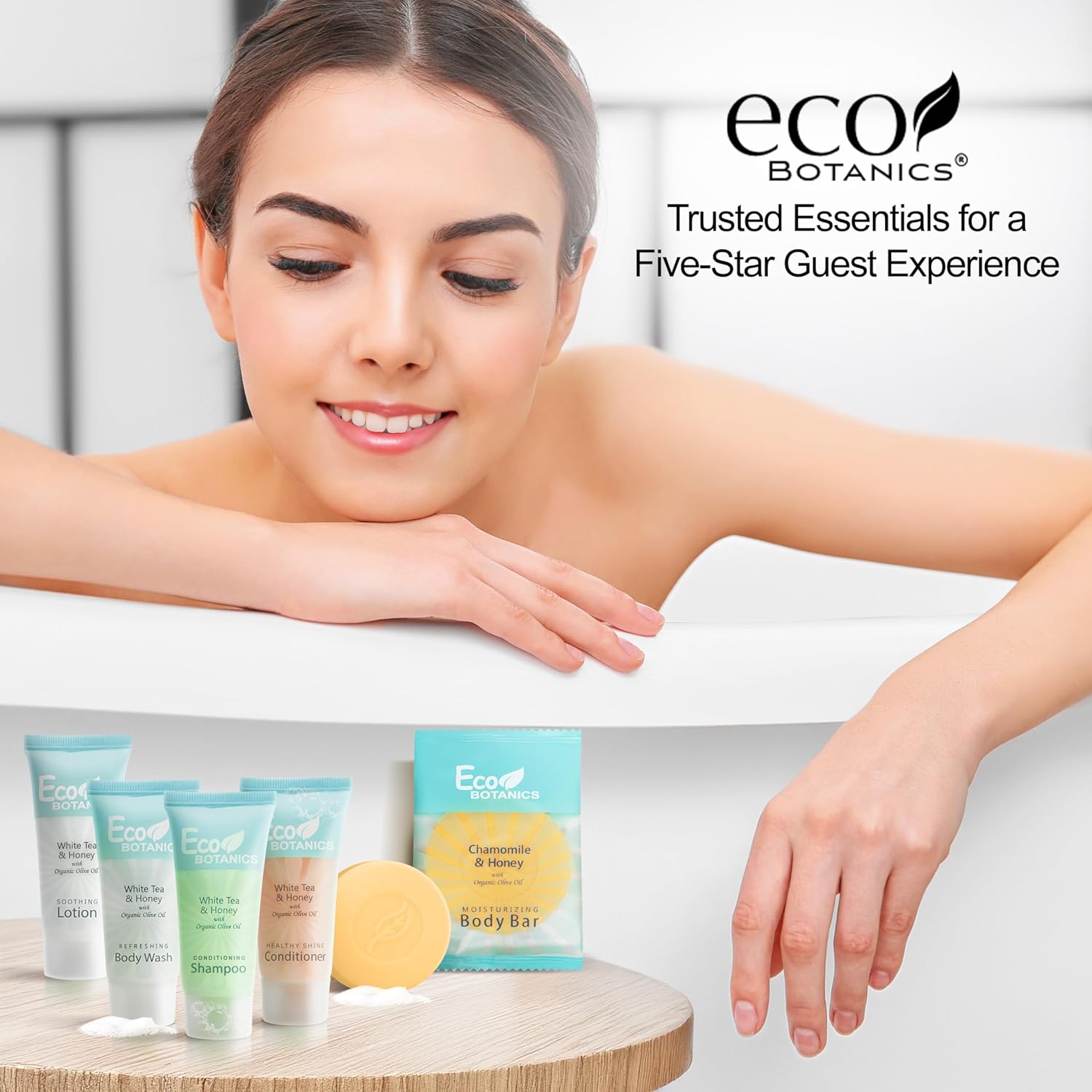 Travel Size Hotel Toiletry Set 300 Count 0.85 oz Bottles Guest Amenities for Vacation Rentals and Short Term Rentals Paraben Free White Tea Scent Infused with Aloe and Olive Oil by Eco Botanics - Image 6