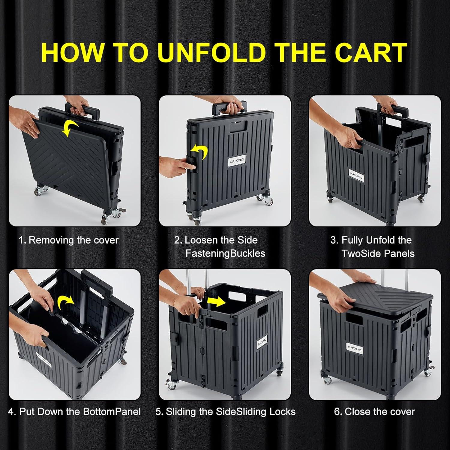 Folding Utility Cart Portable Rolling Crate Handcart Shopping Trolley Collapsible Tool Box, with Lid, Basket on 4 Rotate Wheels, for Grocery, Office, Luggage, Teacher (Black) - Image 5