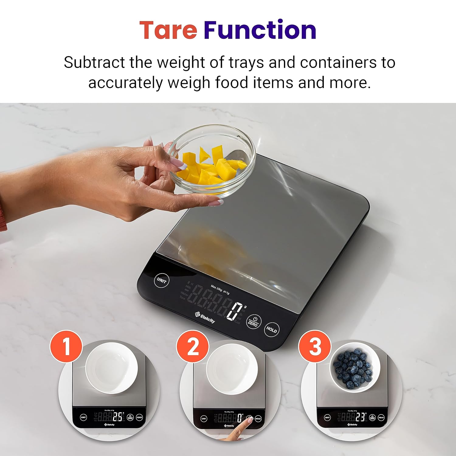 Etekcity Digital Food Kitchen Scale, Grams and Oz for Weight Loss, Baking and Cooking, 0.05oz/1g Precise Graduation,5 Weight Units, IPX6 Waterproof, USB Rechargeable,304 Stainless Steel-Silver, 22lb - Image 7