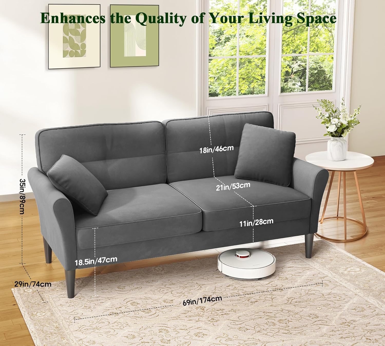 69" Loveseat Sofa, Velvet Small Couches for Small Spaces, Love Seat Couches with 2 Pillows, Tool-Free Setup Loveseats, 700lb Load Sofas for Living Room, Mini Couch for Bedroom, Comfy Sofa Couch, Grey - Image 7