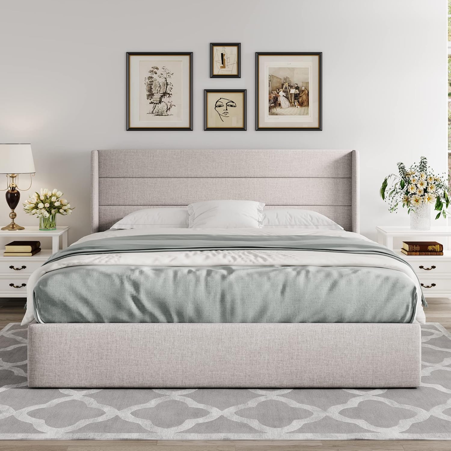 Allewie King Size Lift Up Storage Bed, Modern Wingback Headboard, Hydraulic Support, No Box Spring Needed, Light Beige - Image 7