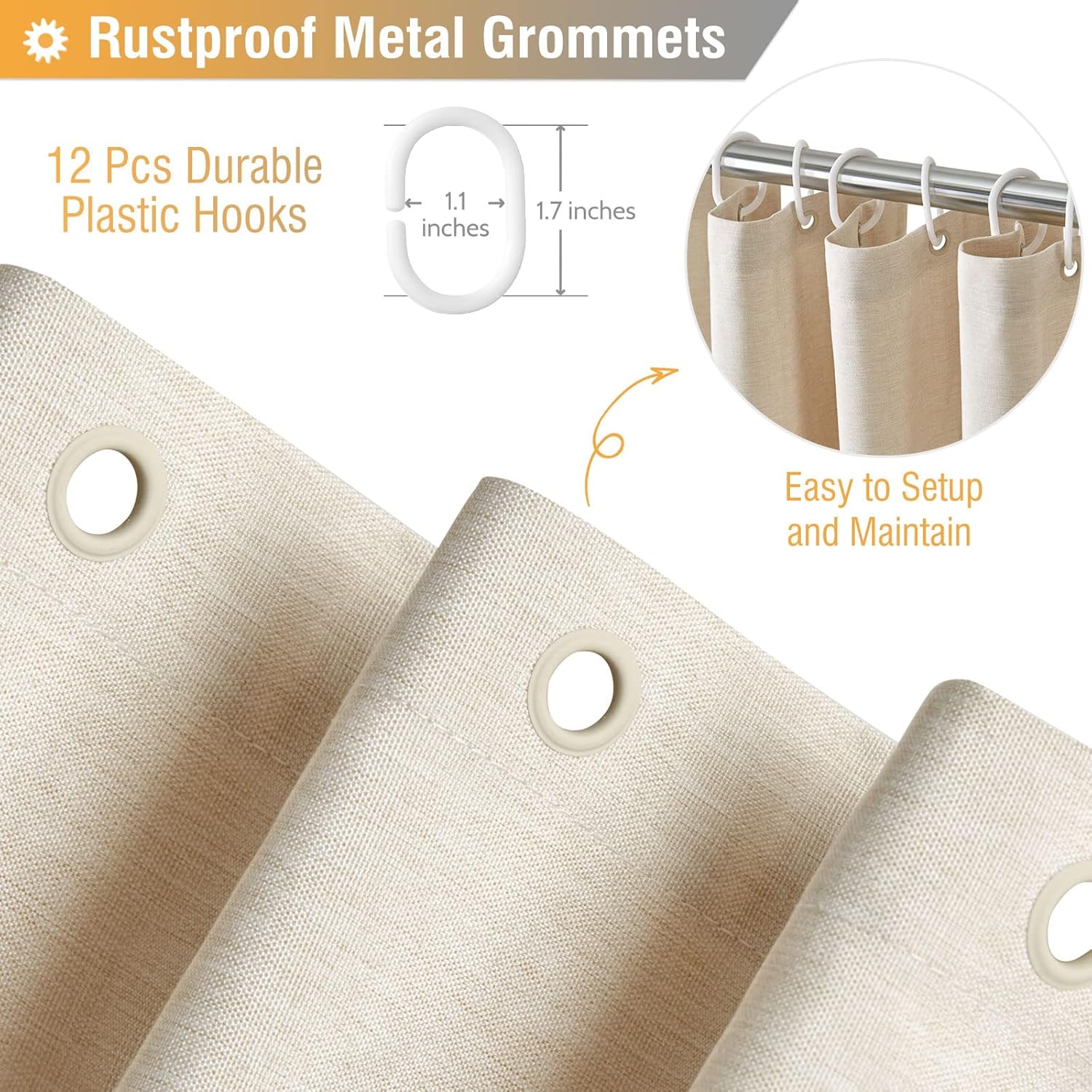 BTTN Fabric Shower Curtain, Linen Textured Heavy Duty Polyester Cloth Shower Curtain Set with 12 Plastic Hooks, Hotel Luxury Waterproof Decorative Shower Curtains for Bathroom - 72"x72" - Beige/Cream - Image 4