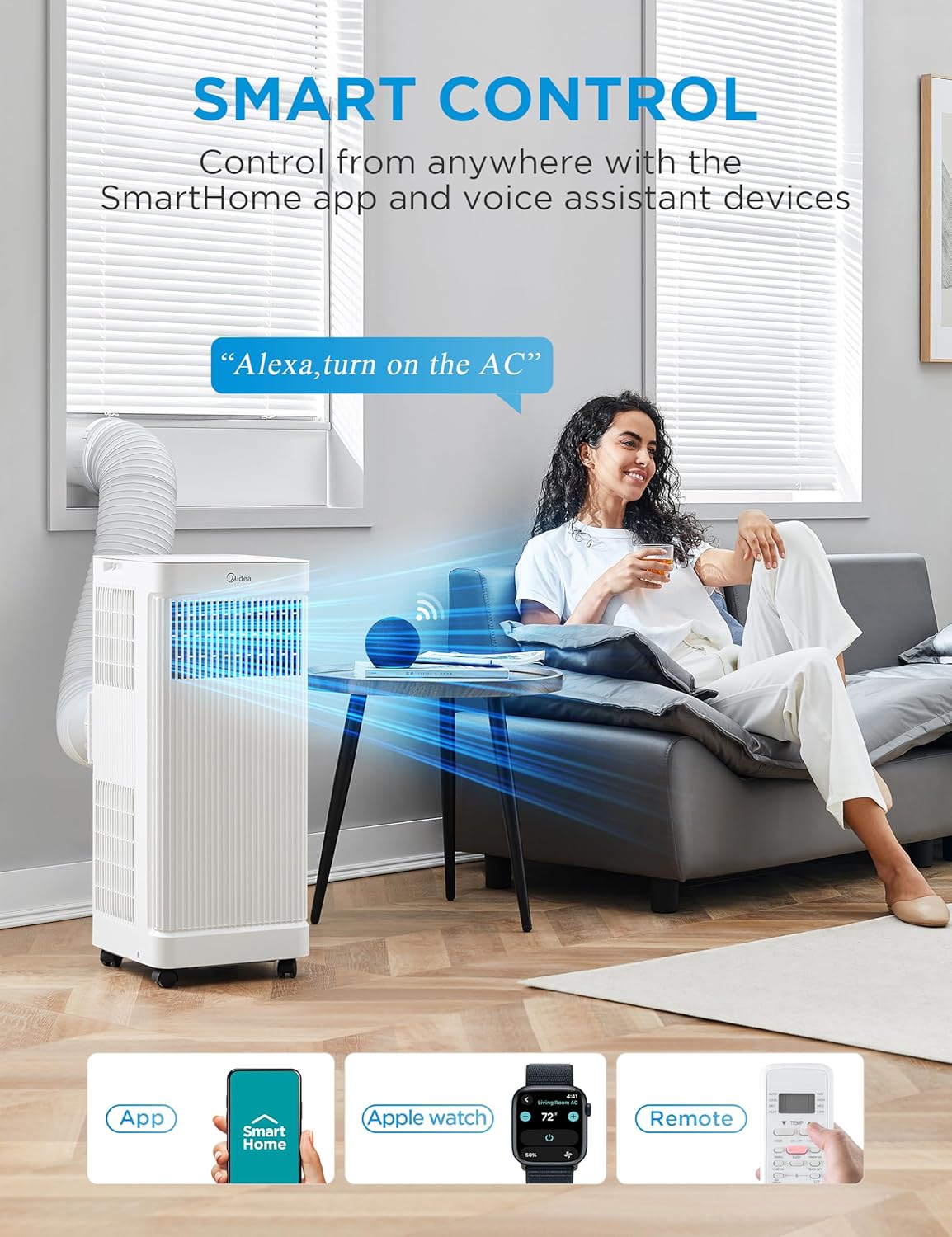 Midea 10,000 BTU ASHRAE (7,100 BTU SACC) Portable Air Conditioner, Smart Control, Cools up to 300 Sq. Ft., with Dehumidifier & Fan mode, Easy- to-use Remote Control & Window Installation Kit Included - Image 2