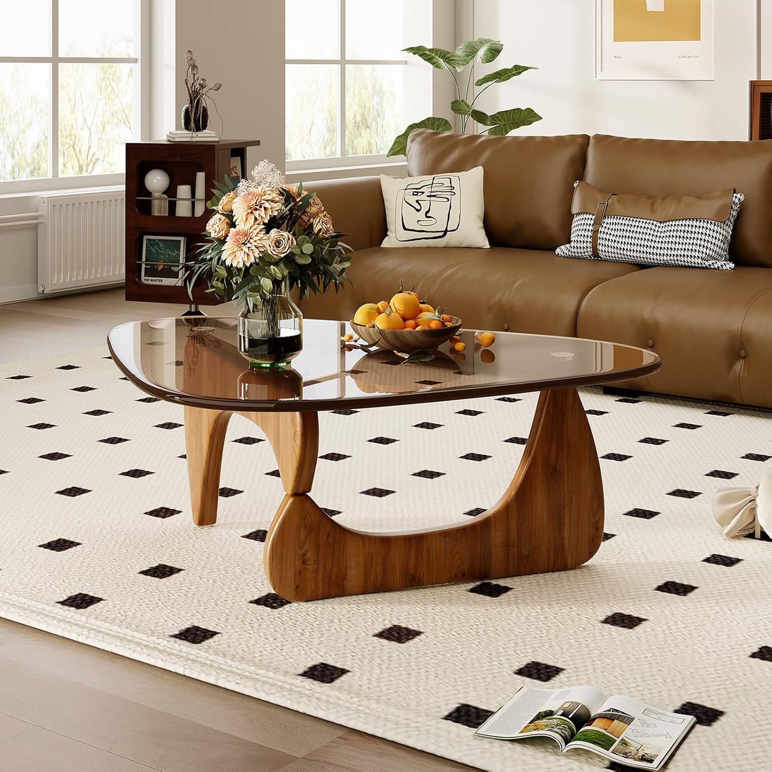 CAJCA Coffee Table for Living Room Mid Century Modern Center Table with Glass Top and Wood, Brown/Walnut - Image 3