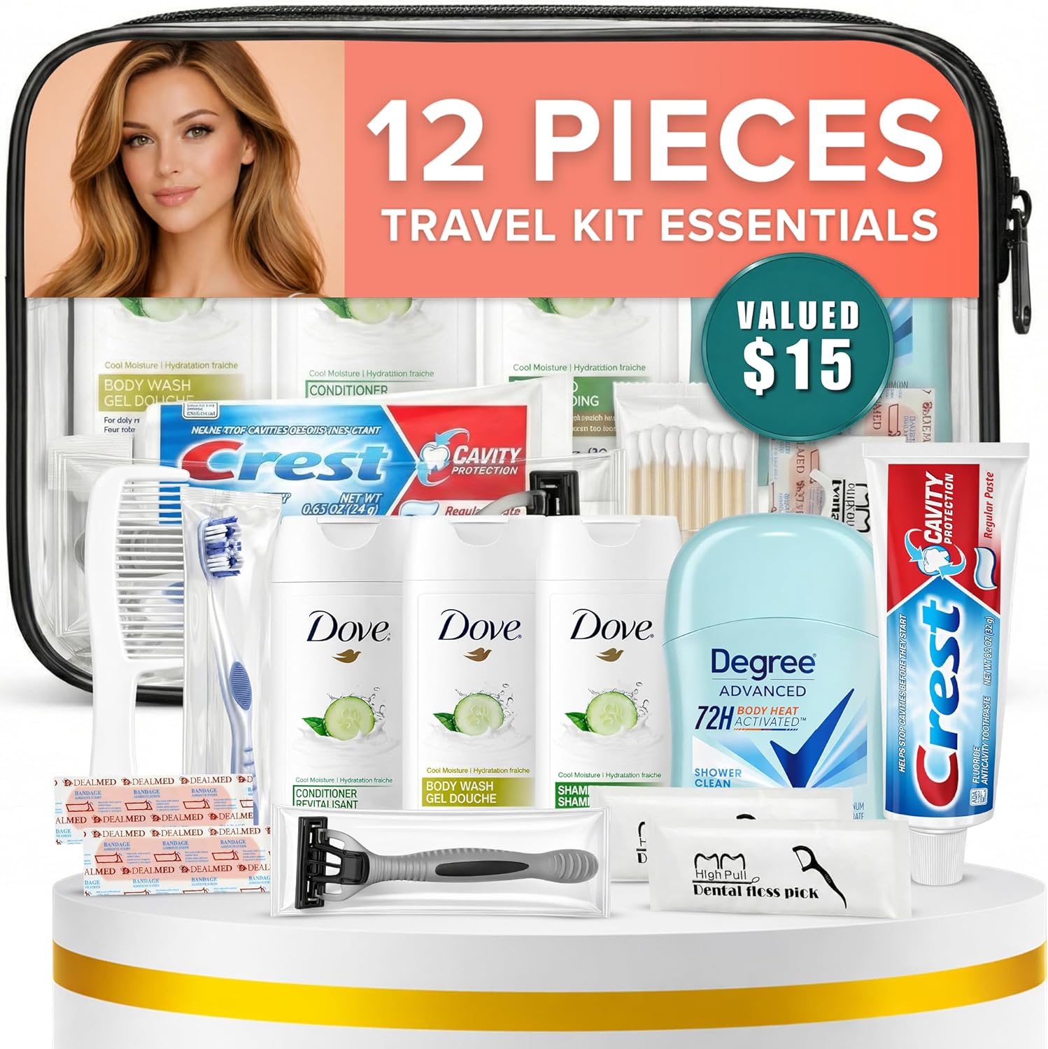 Trektote 12-Piece Women’s Travel Hygiene Kit with Toiletries & Grooming Essentials, TSA-Compliant, Clear Cosmetic Bag, Available in Bulk