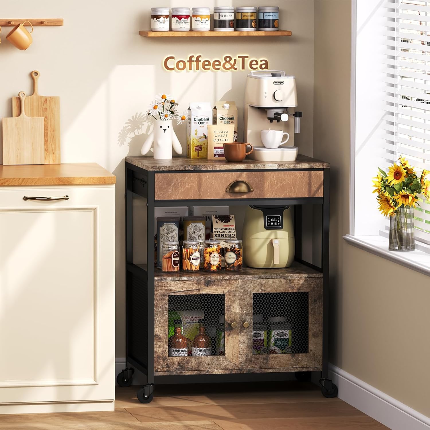 X-cosrack Coffee Bar Cabinet,3 Tiers Kitchen Coffee Cart with Drawer for The Home, Movable Farmhouse Ktichen Station Table on Wheels for Living Room, Entryway, Dining Room, Kitchen - Image 8