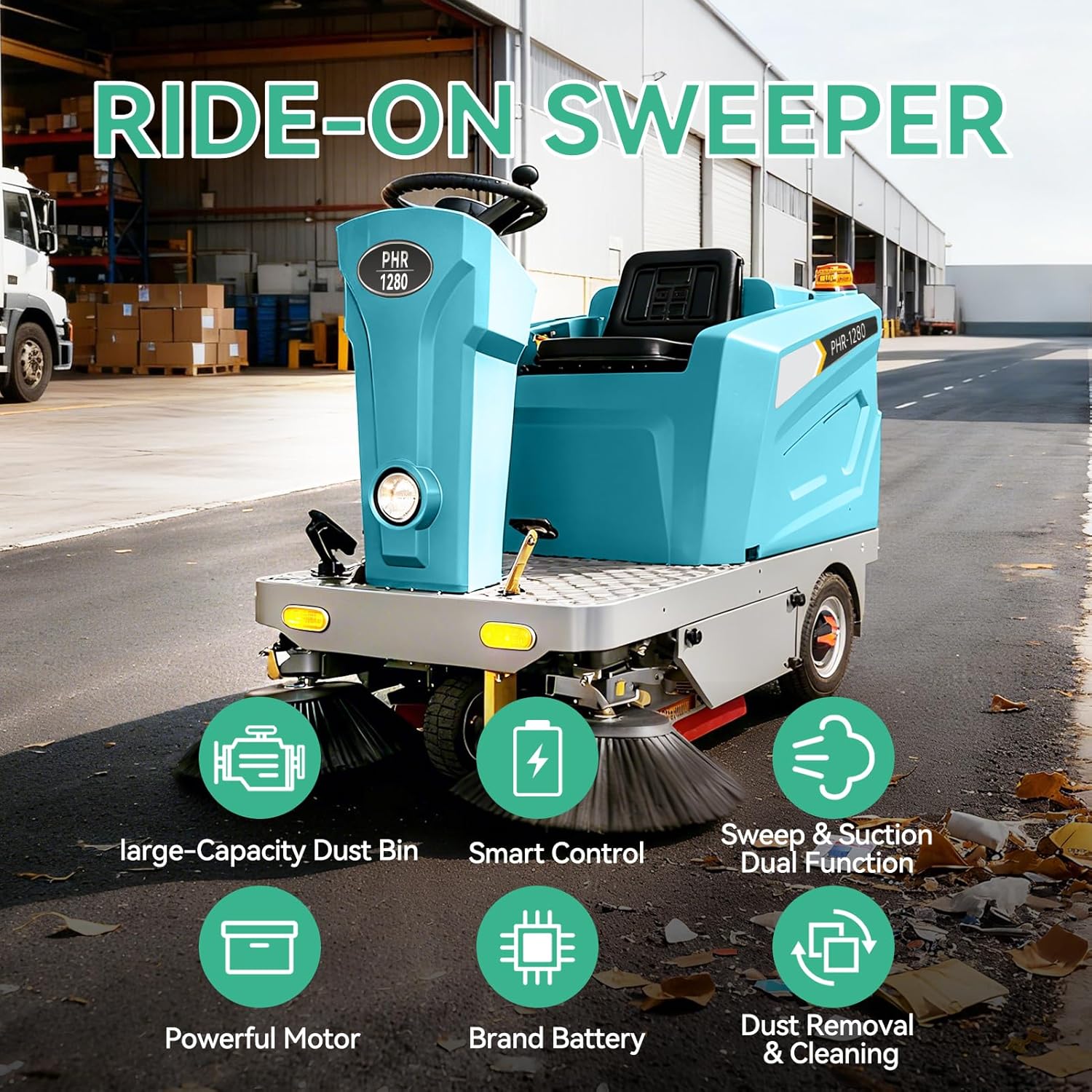 Ride-on Floor Sweeper Machine 92,600 Sq ft/h Efficiency 26.5 Gal Dustbin, 51" Brush Width Industrial Cleaning Machine,800W Brushless Motor, Blue - Image 2