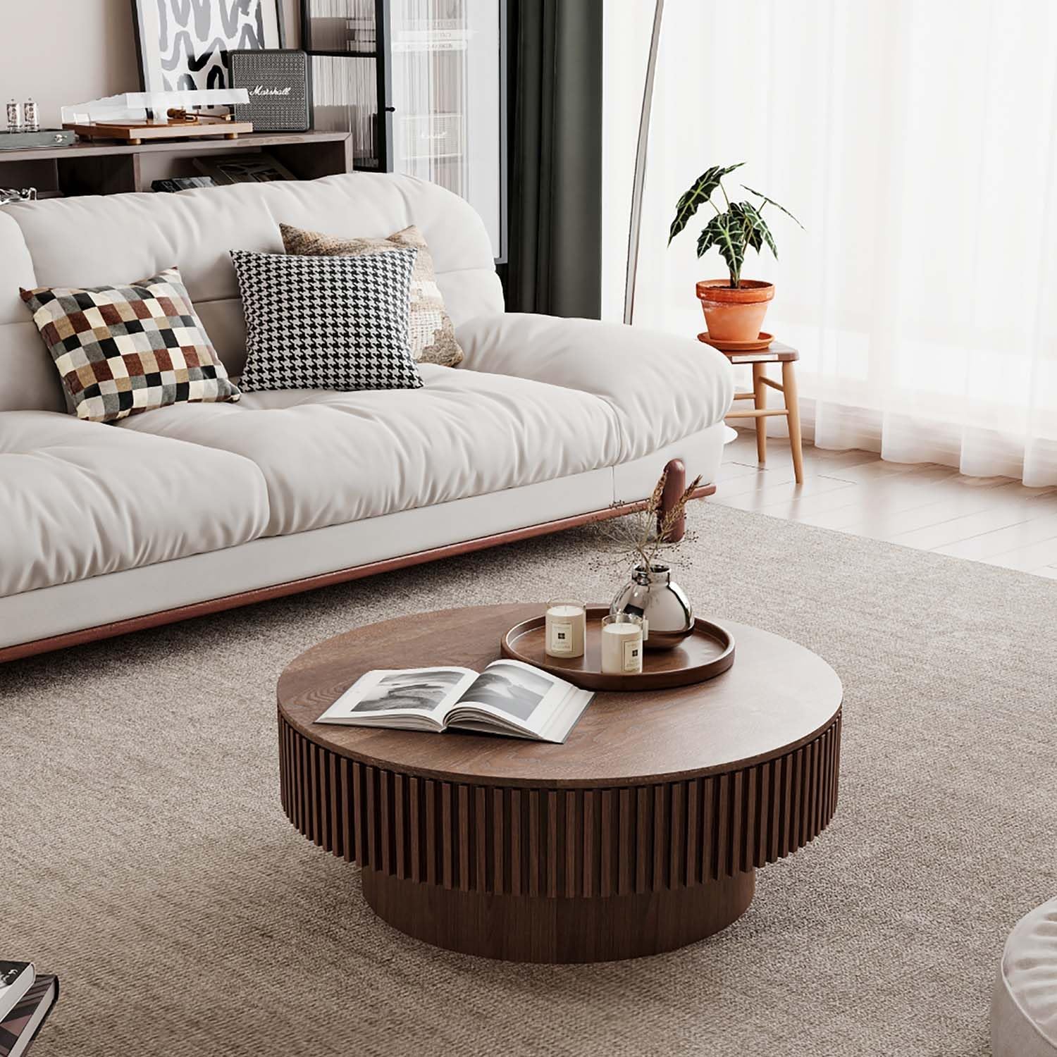 Round Coffee Table with Storage, Modern Wooden Coffee Table with Solid Wood Veneered, Circle Center Table Accent Tea Table for Living Room Apartment Small Space (31.5''L × 31.5''W × 14''H, Walnut) - Image 7