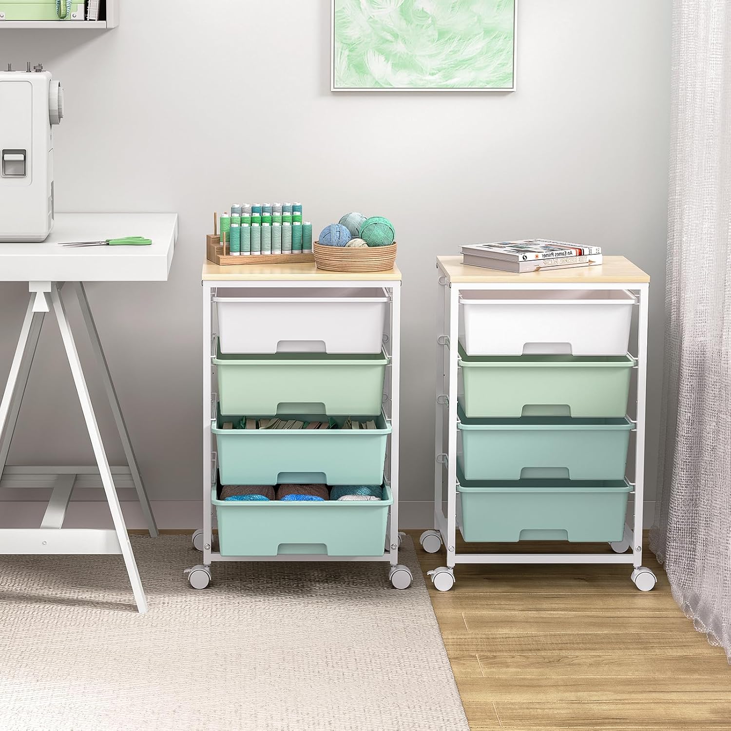 Utility Cart with 4 Drawers,Rolling Storage Cart with Drawers,Storage Rolling Drawer Cart with Wooden Tabletop for Bedroom,Kid's Room,Dorm,Classroom,Office,Green - Image 8