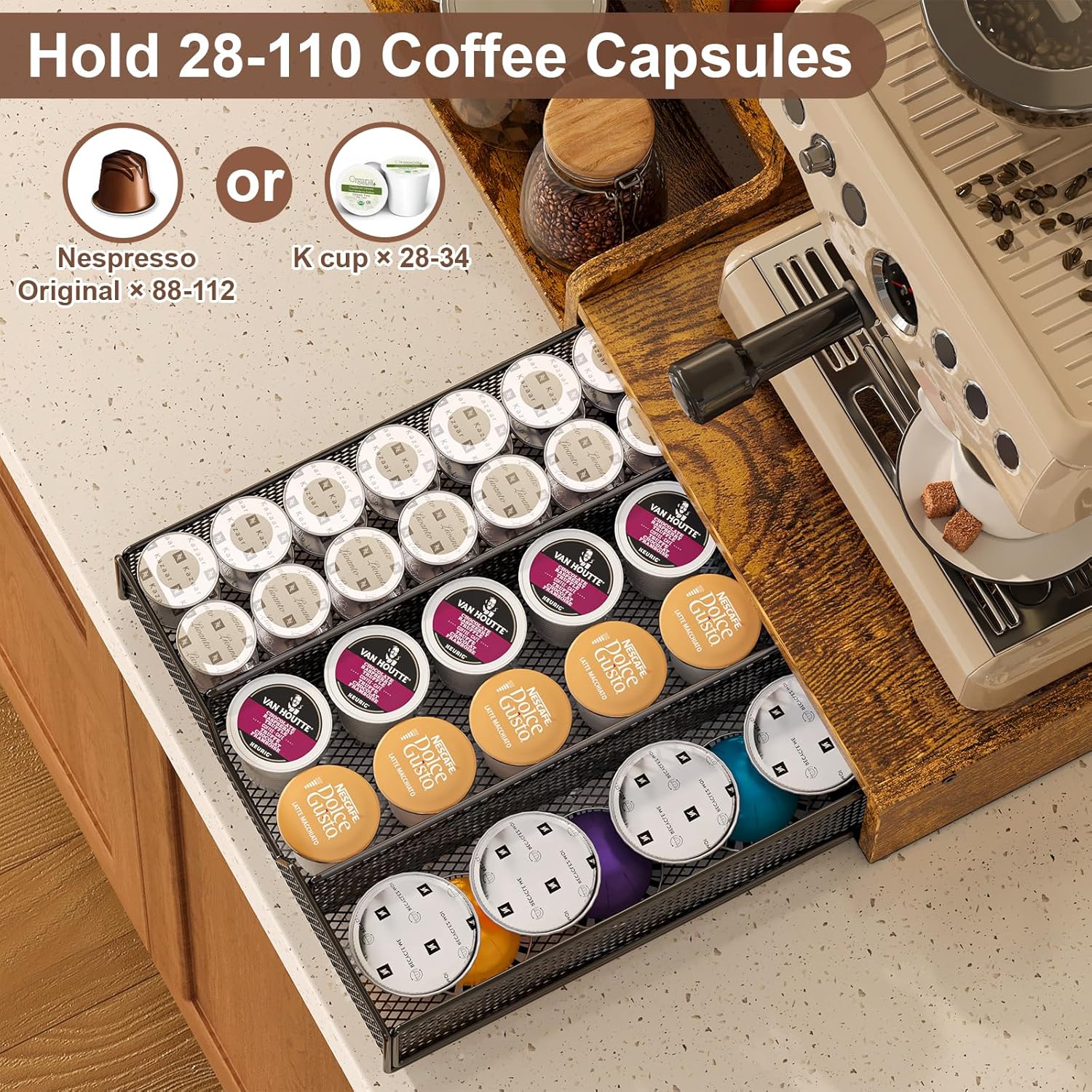 Coffee Station Organizer with K Cup Holder, 28 Pod Capacity,3-Tier Syrup Rack with Coffee Pod Holder Drawer, Coffee Bar organizer Countertop for Accessories,Rustic Brown - Image 5