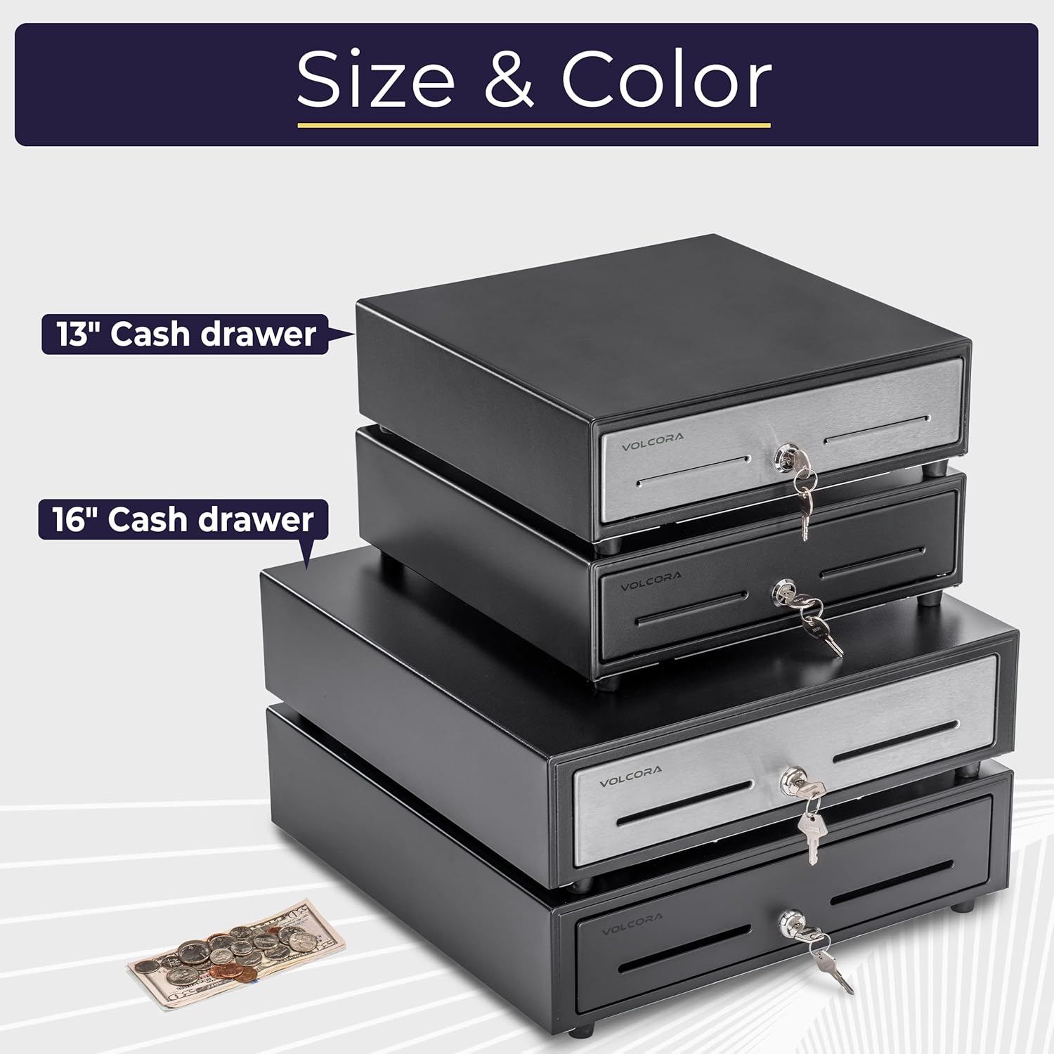 Volcora 13" Electronic Cash Register Drawer for Point of Sale (POS) System with 4 Bill 5 Coin Cash Tray, Removable Coin Compartment, 12-24V, RJ11/RJ12 Key-Lock, Black - for Small Businesses - Image 7