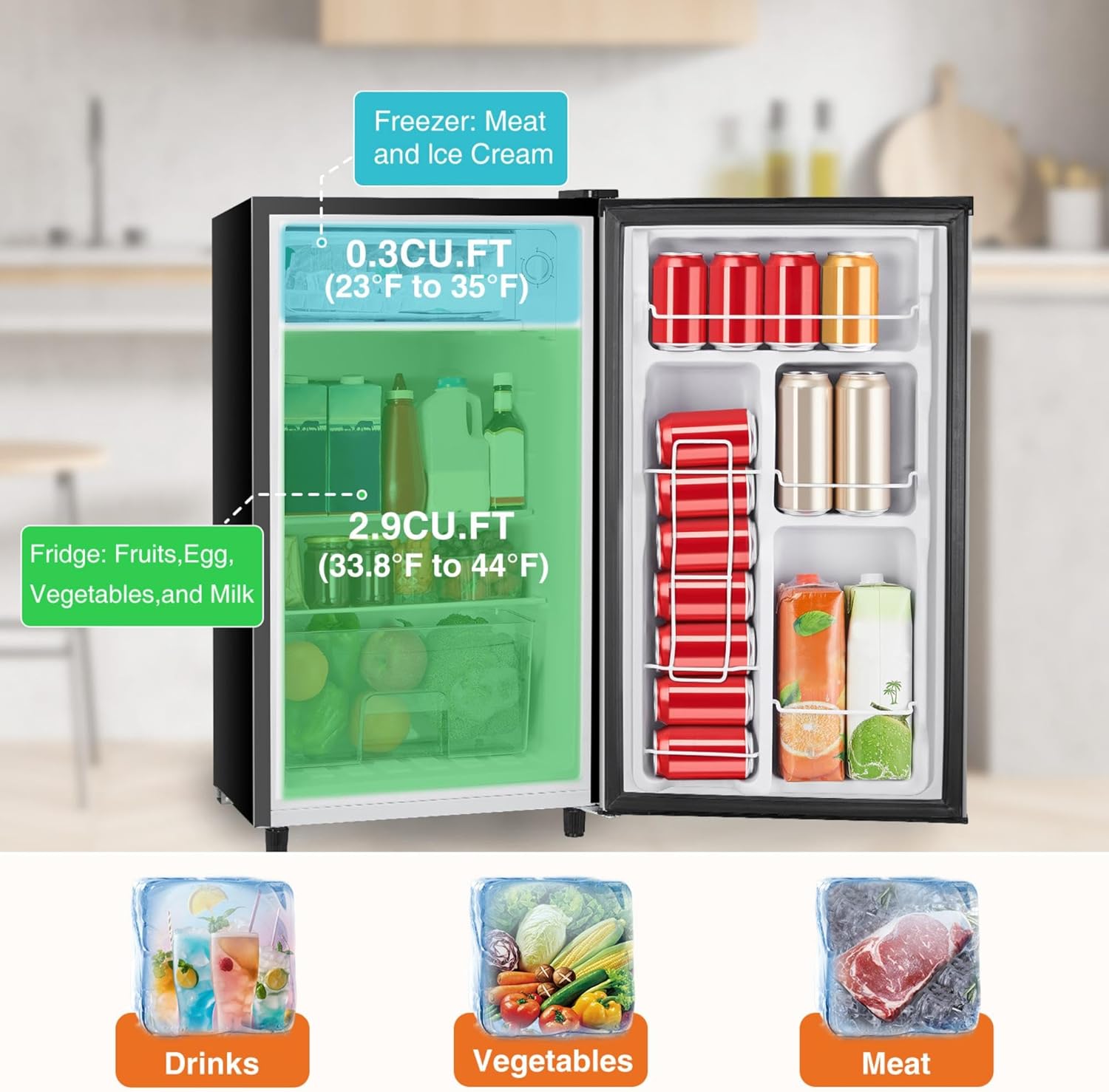 Sweetcrispy 3.2 Cu.Ft Mini Fridge with Freezer Small Refrigerator Single Door Adjustable Thermostat Energy-efficient Low Noise, Compact Fridge for Bedroom, Office, Dorm (Silver Door) - Image 3