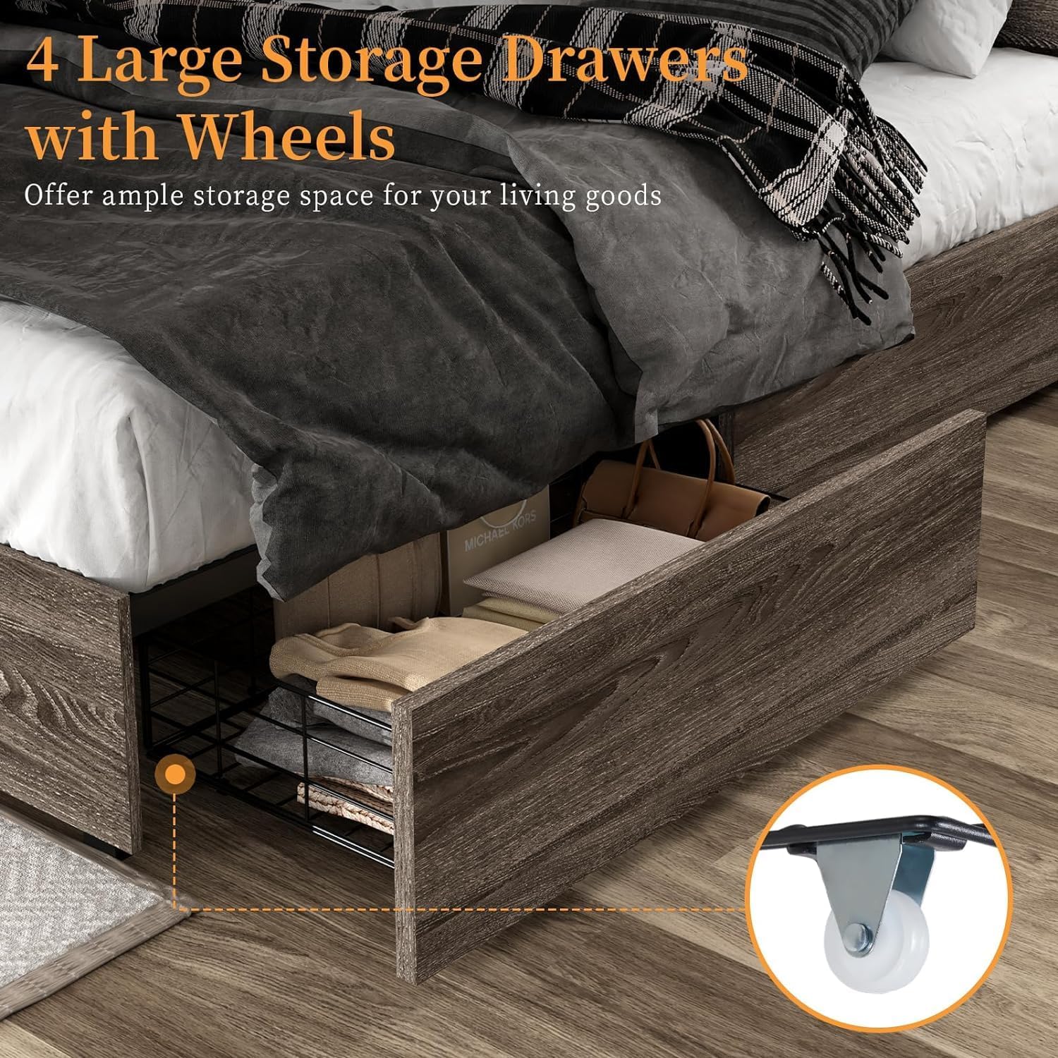 5-Piece Farmhouse Bedroom Set, 1 X Queen Size Bed Frame, 1 X 5 Drawer Dresser, 1 X Wood Rustic 6 Drawer Storage Dresser, Nightstand Set of 2 with Charging Station, Bedroom Furniture Set, Grey - Image 5