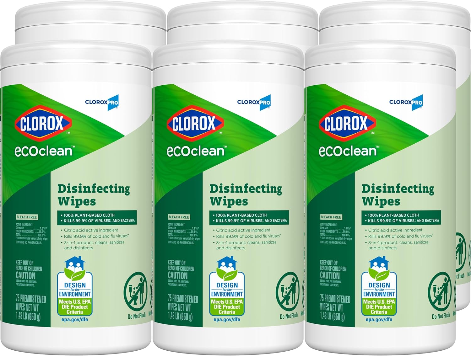 CloroxPro Clorox EcoClean Disinfecting Wipes, Multipurpose 100% Plant Based Cleaning Cloths, Antibacterial Disinfectant, Safe for Multi Surface Use, 75 Count (Pack of 6) - Image 11