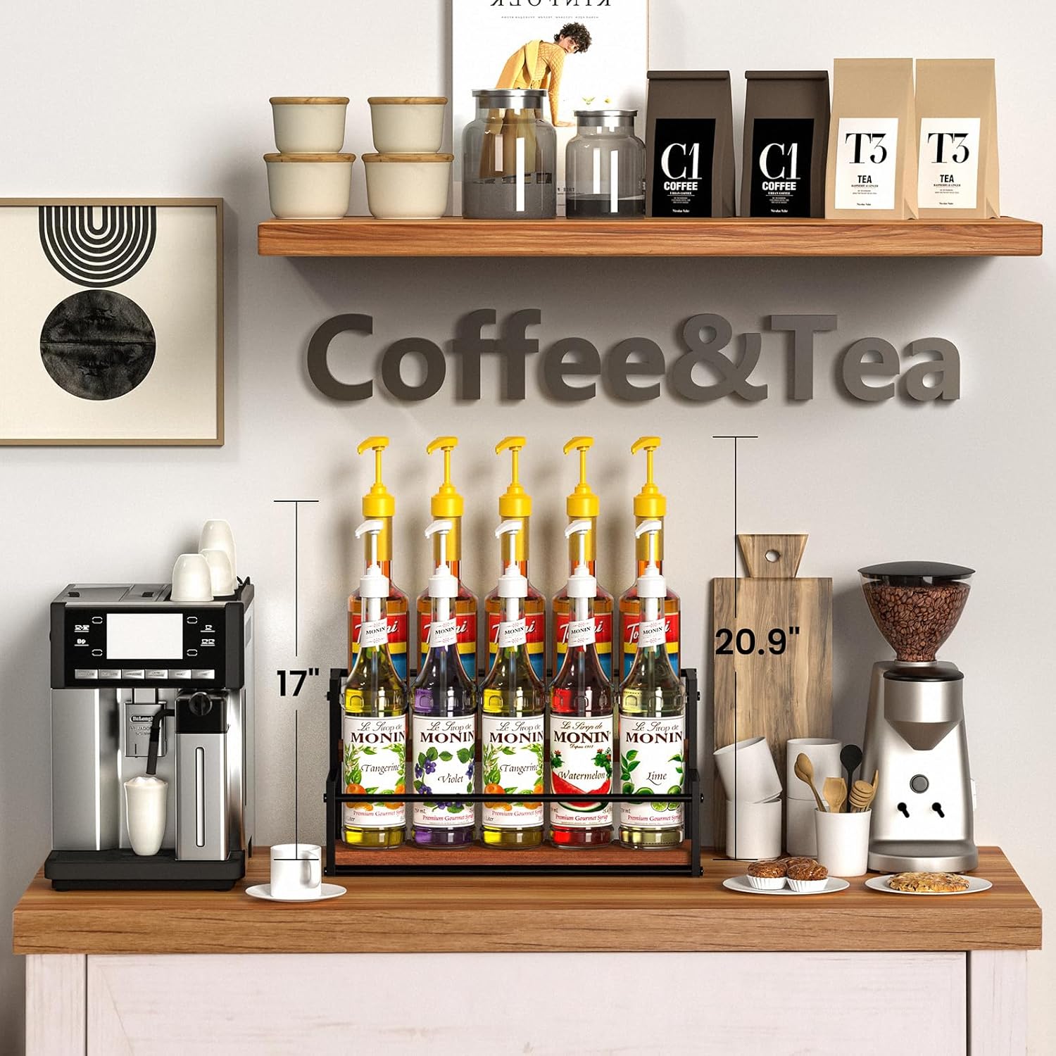 THYGIFTREE Coffee Syrup Rack Organizer 2-Tier 10 Syrup Bottles Holder Stand for Coffee Bar Storage Shelves for Syrup, Wine, Dressing for Kitchen Coffee Station - Image 2
