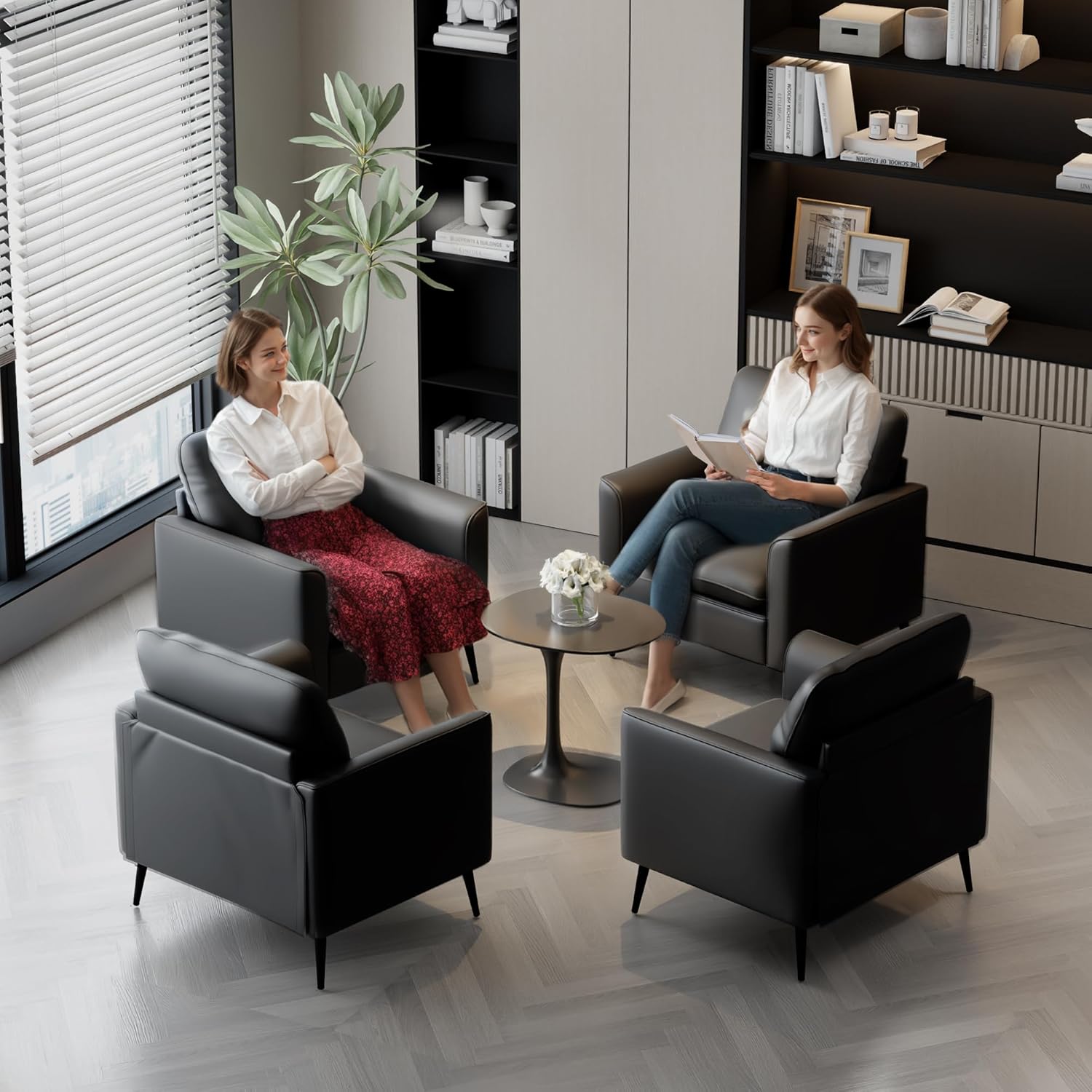TYBOATLE Accent Chairs Set of 2, Black Leather Accent Chair, Comfy Living Room Chair, Cozy Reading Sitting Chair, Mid Century Modern Accent Chairs, Arm Reception Chairs, Office Furniture - Image 2
