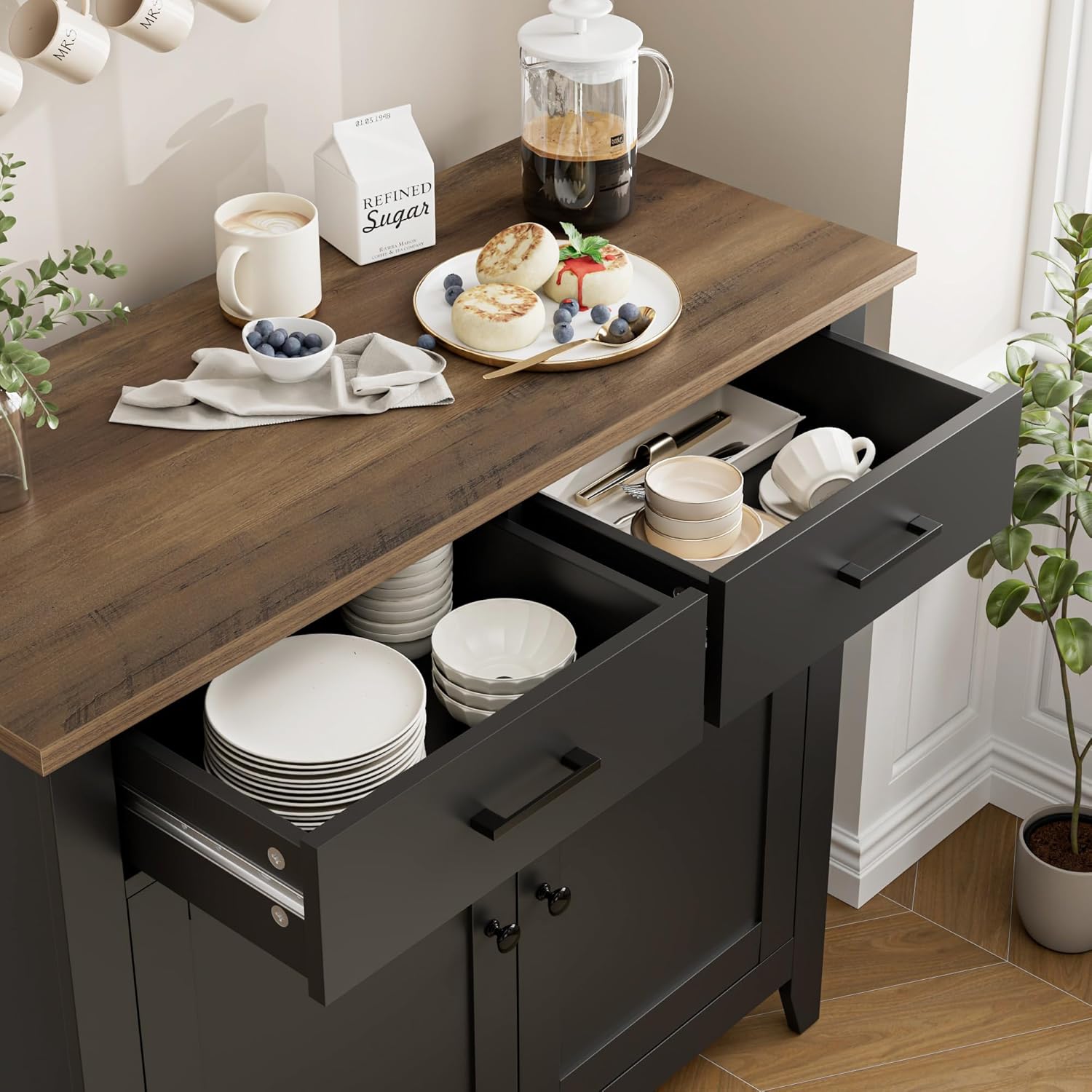 HORSTORS Kitchen Storage Cabinet, Modern Farmhouse Buffet Cabinet with Storage, Coffee Bar with 2 Drawers and 2 Doors, Floor Sideboard Buffet for Living Room, Dining Room, Bathroom, Black/Rustic Brown - Image 6