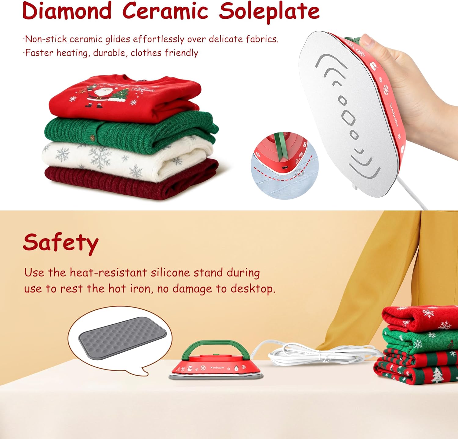 Newbealer Travel Iron, Global Voltage 100-240V, 302℉ Mini Dry Iron for Clothes (No Steam), Max 300W, 60s Heat Up, 0.8lb Lightweight Gift (Classic Red with Hard Case) - Image 8