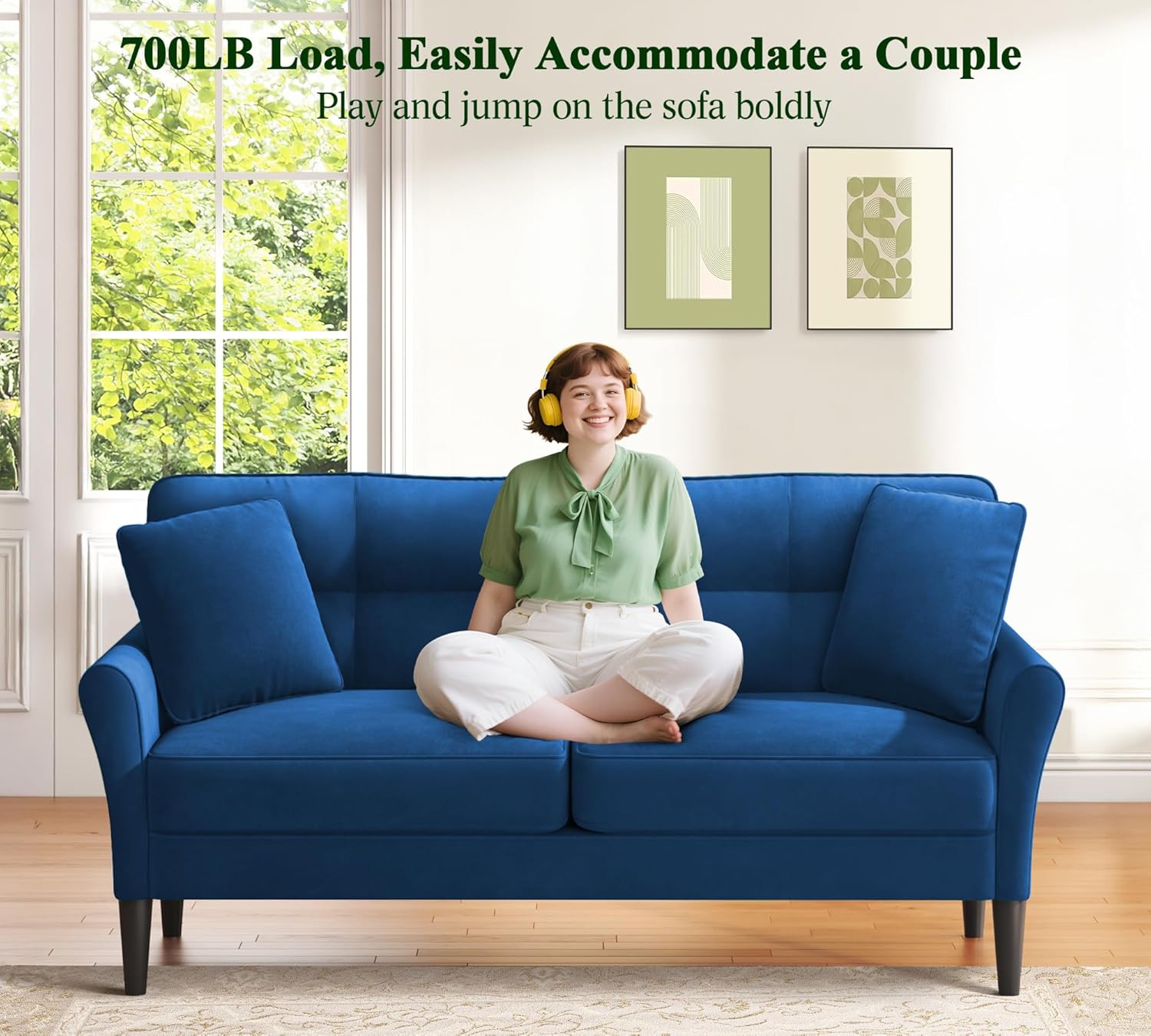 69" Loveseat Sofa, Velvet Small Couches for Small Spaces, Love Seat Couches with 2 Pillows, Tool-Free Setup Loveseats, 700lb Load Sofas for Living Room, Mini Couch for Bedroom, Comfy Sofa Couch, Blue - Image 3
