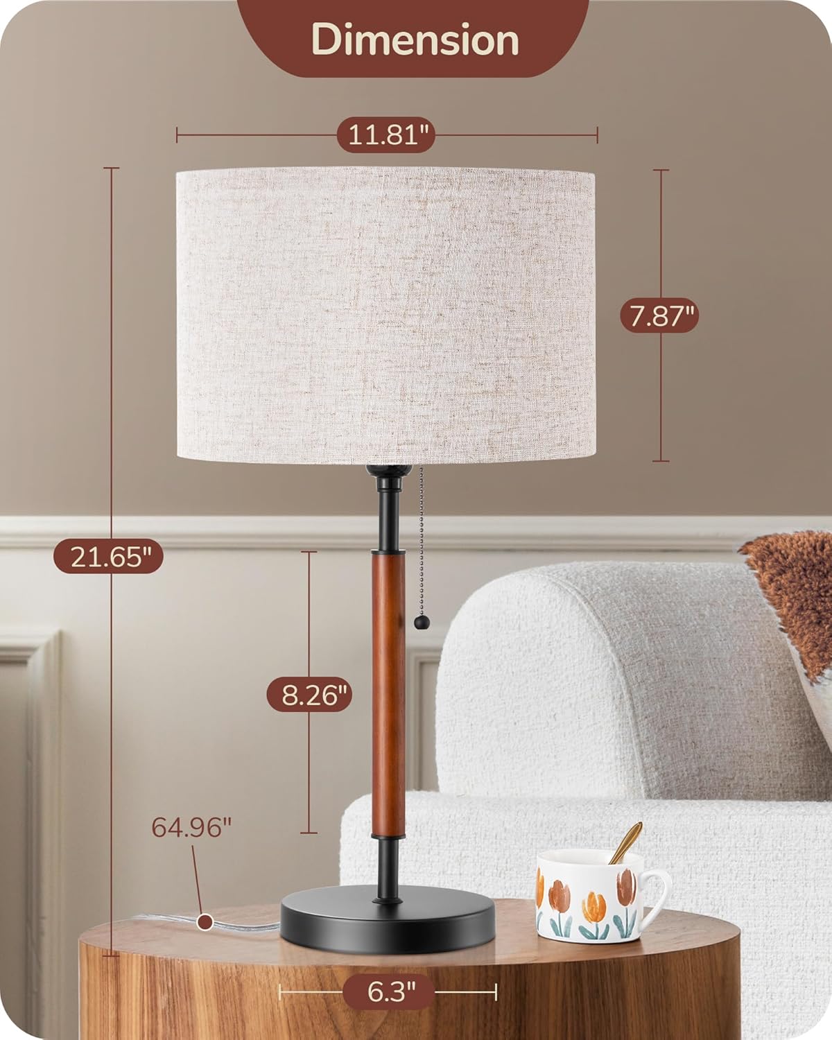 EDISHINE Mid Century Table Lamp, Pull Chain Switch Bedside Lamp with Linen Shade, Solid Wood Pole & Black Metal Base, Modern Nightstand Lamp for Bedroom, Living Room, Office, E26 Base - Image 6