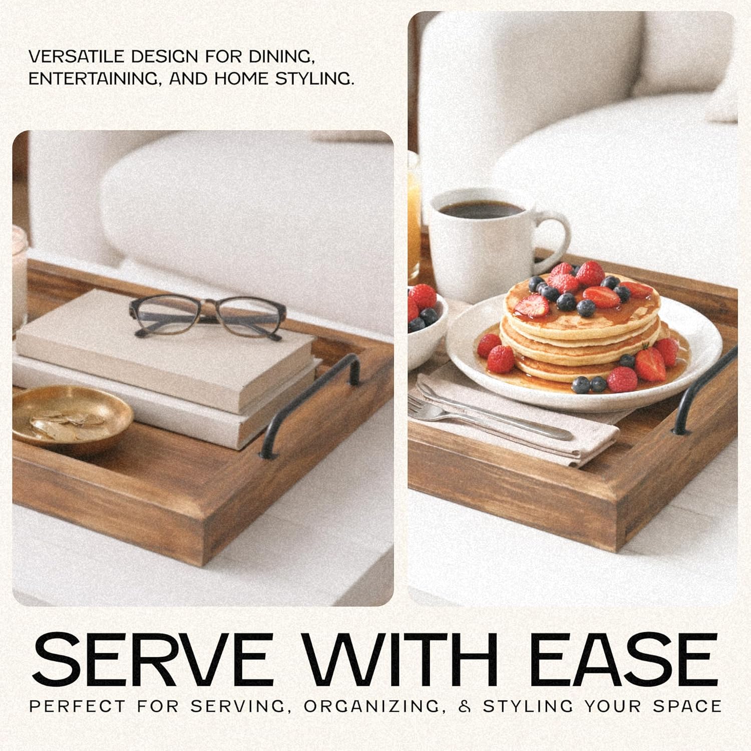Besti Rustic Vintage Food Serving Trays (Set of 2) | Nesting Wooden Board with Metal Handles | Stylish Farmhouse Decor Serving Platters | Large: 15 x2 x11 - Small: 13 x2 x9 inches (Rustic Burnt) - Image 4