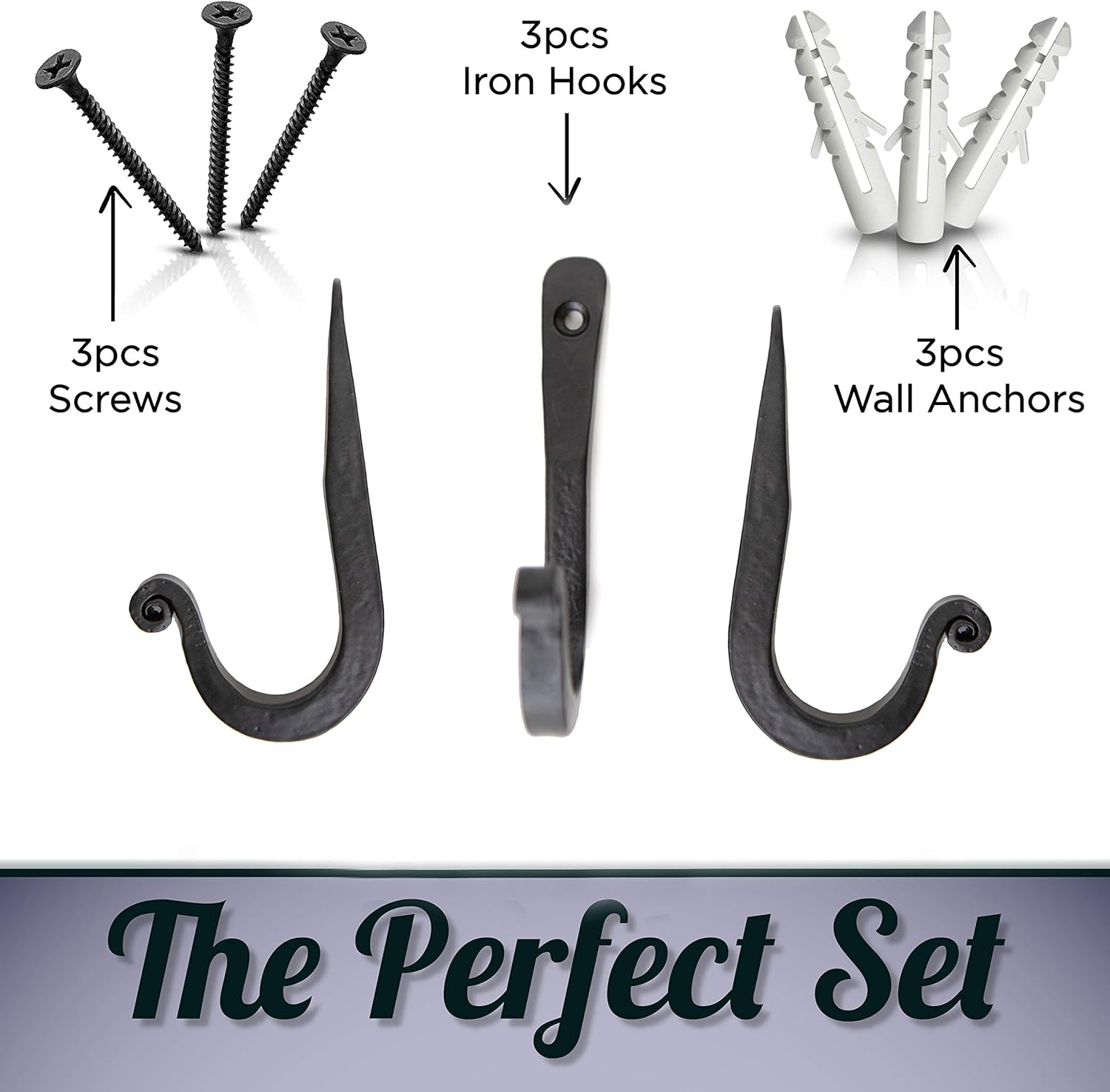Decorative Wrought Iron Hooks for Wall - Heavy Duty Black Hooks for Hanging Coats, Bags, Hats and Towels, Rusic Wall Hangers - 3.75 x 0.5 x 2 Inch (Black, 3 Units) - Image 3