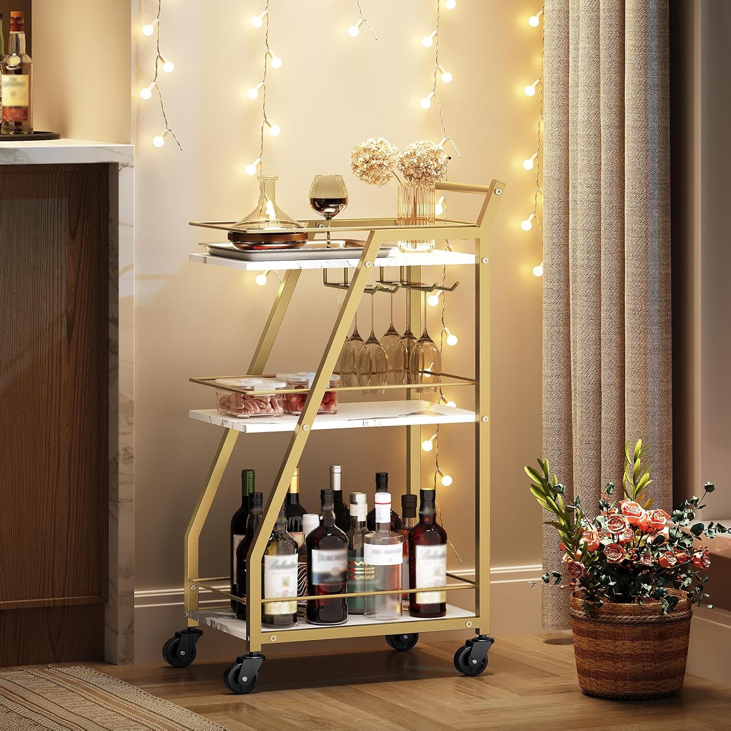 Bar Cart, Gold Bar Cart for The Home, Small Bar Cart on Wheels, Beverage Cart, Home Bar Serving Cart with Glass Holder, Drink Cart for Bar, Kitchen, Marble White and Gold BC03DW - Image 2