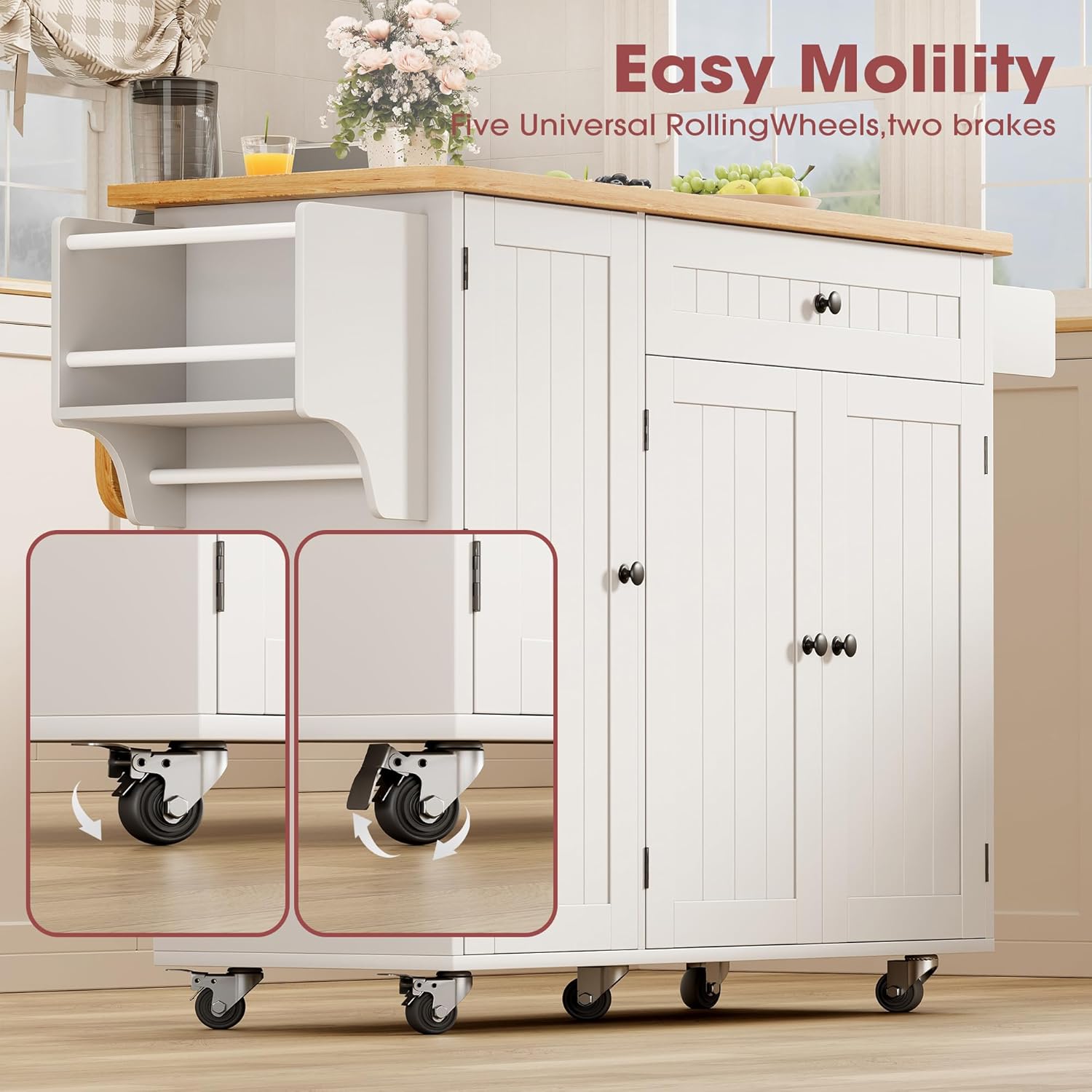 Kitchen Island with Storage, 41.7" Width Rolling Cart with Drawer, Rolling Kitchen Island on Wheels with Drop Leaf, Towel Rack, and Drawer, White, 41.7" L x 29.5" W - Image 8