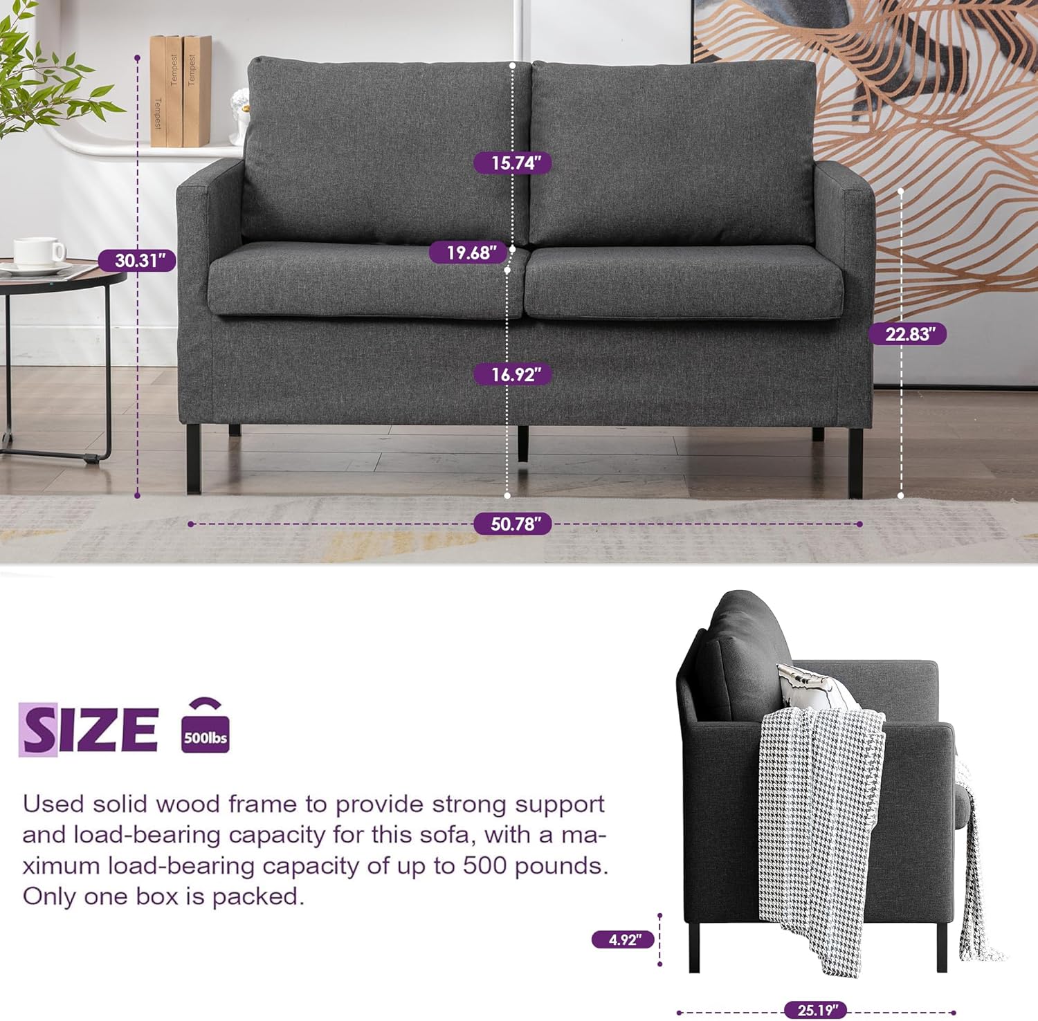 TYBOATLE Linen Fabric Modern Small Loveseat Sofa Couch for Living Room, 51" W Little Upholstered 2-Seater Mini Love Seats w/Iron Legs for Small Space, Apartment, Bedroom, Dorm, Office (Dark Grey) - Image 2