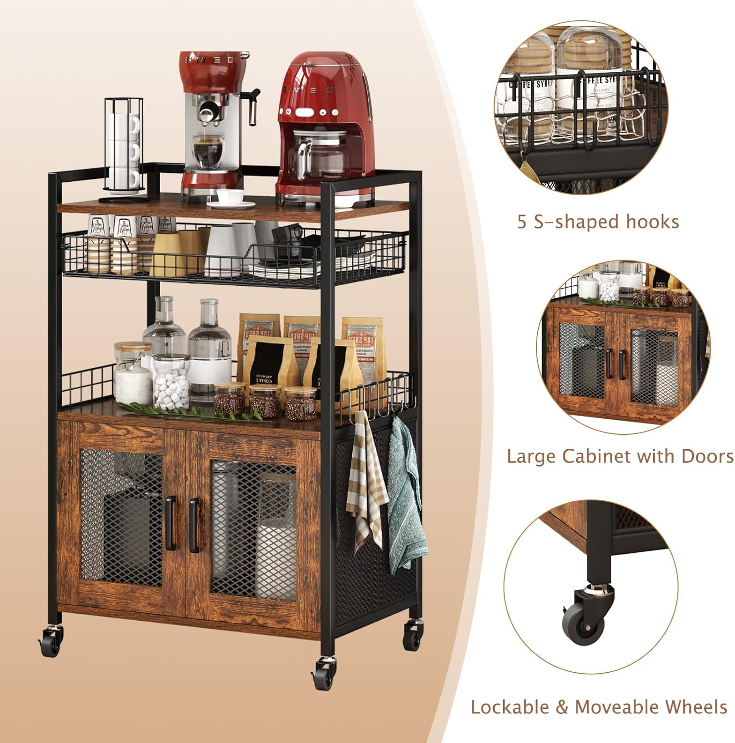 Coffee Bar Cabinet, 3 Tier Coffee Station Table on Wheels, 35.9" H Bar Cart with Wire Basket Drawer & 5 Hooks for Home Kitchen, Liquor Buffet Sideboard Cabinet (Rustic Brown) - Image 4