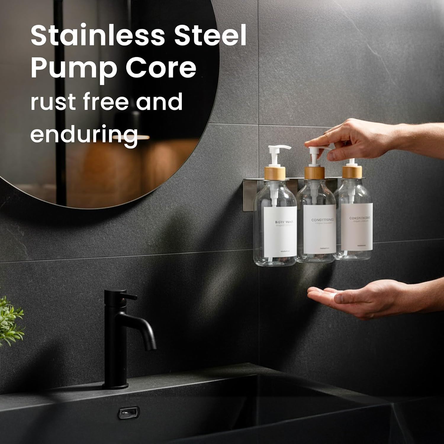 MaisoNovo Shampoo and Conditioner Dispenser - Shower Soap Dispenser Wall Mounted - 16.9 fl oz Set of 3 Clear Plastic Bottles White Bamboo Pump - Shampoo Dispenser, Shower Dispenser 3 Chamber No Drill - Image 7