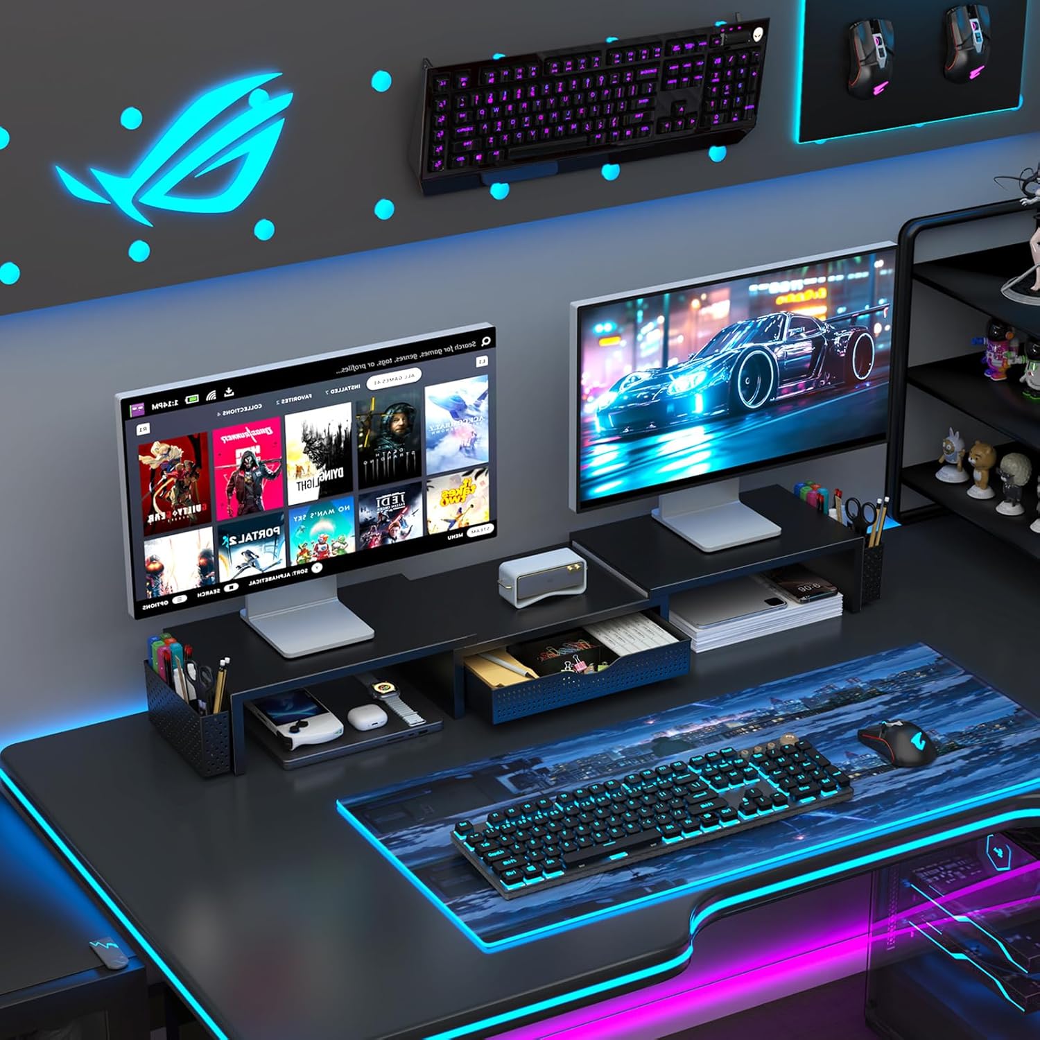 gianotter Dual Monitor Stand Riser, Desk Organizer With Drawer and 2 Pen Holders, Computer Monitor Stand, Shelf for Top of Desk, Black - Image 7