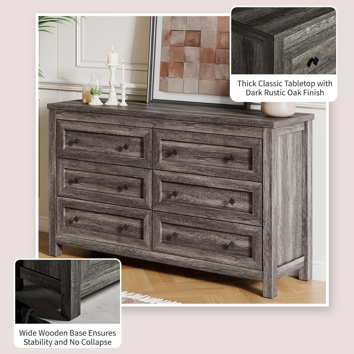 5-Piece Farmhouse Bedroom Set, 1 X Queen Size Bed Frame, 1 X 5 Drawer Dresser, 1 X Wood Rustic 6 Drawer Storage Dresser, Nightstand Set of 2 with Charging Station, Bedroom Furniture Set, Grey - Image 7