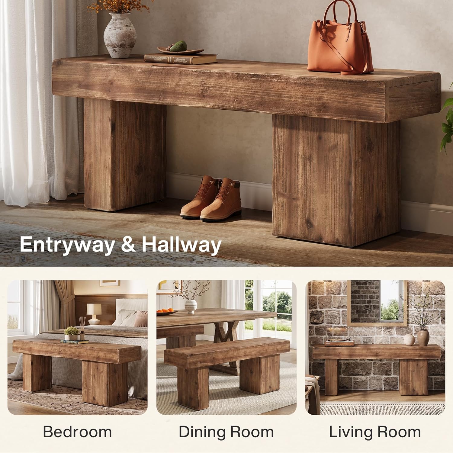 Thickened Solid Wood Bench, 47" Rustic Farmhouse Entryway Bench with Artistic Legs, Heavy Duty Dining Bench for Kitchen, Living Room, Hallway, End of Bed, Natural Wood - Image 5