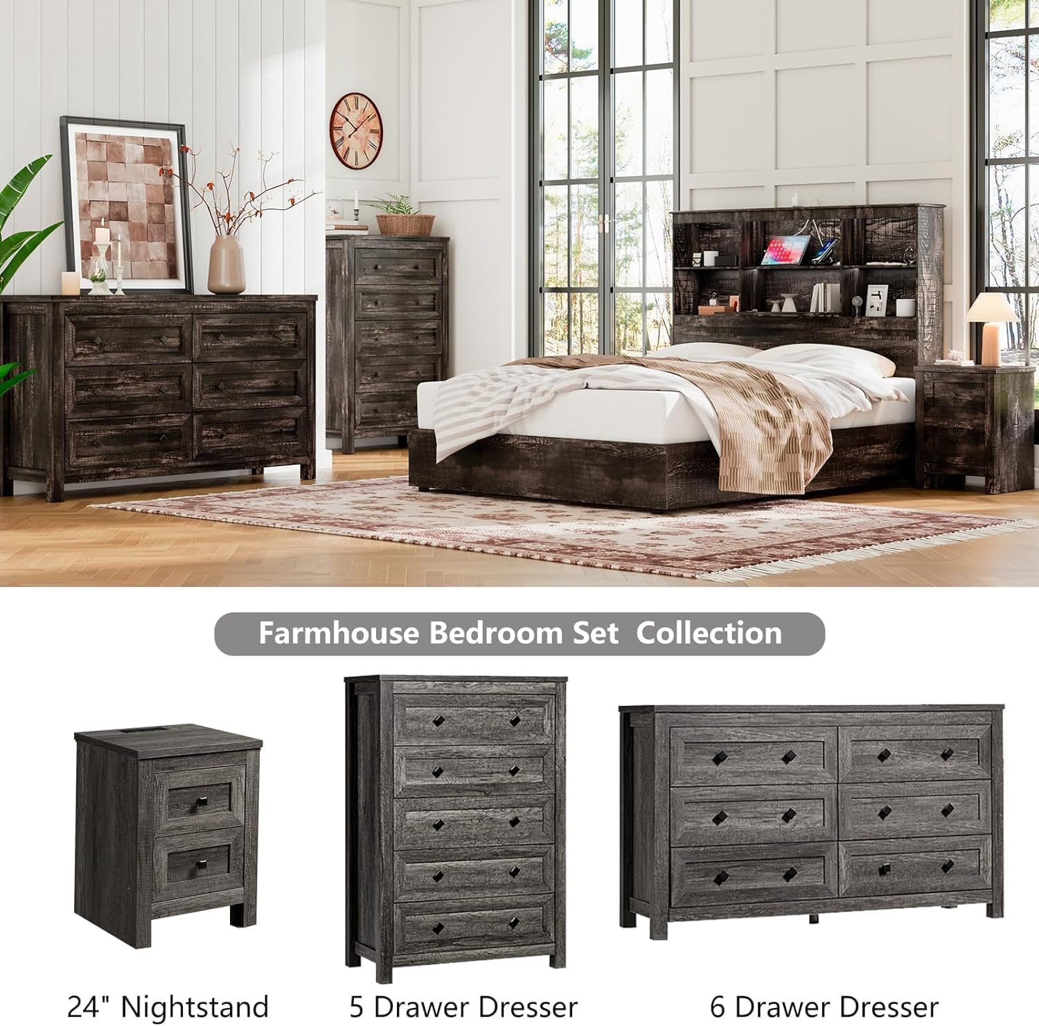 5-Piece Farmhouse Bedroom Set, 1 X Queen Size Bed Frame, 1 X 5 Drawer Dresser, 1 X Wood Rustic 6 Drawer Storage Dresser, Nightstand Set of 2 with Charging Station, Bedroom Furniture Set, Grey - Image 9