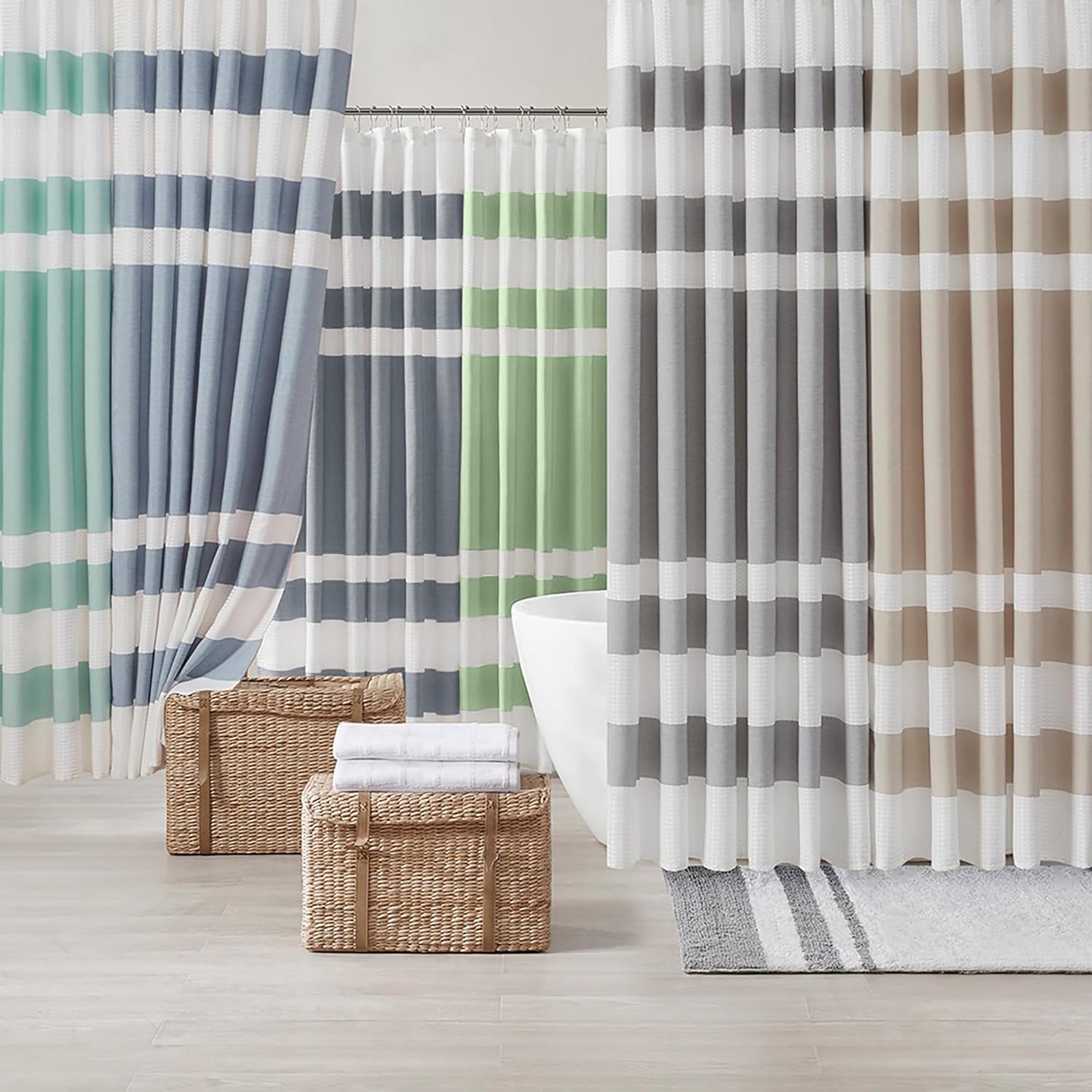 Madison Park Shower Curtain Waffle Weave Striped Pieced Design Fabric Shower Curtains for Bathroom with 3M Scotchgard Moisture Management Premium Spa Quality Modern Standard 72"x72" Grey - Image 8