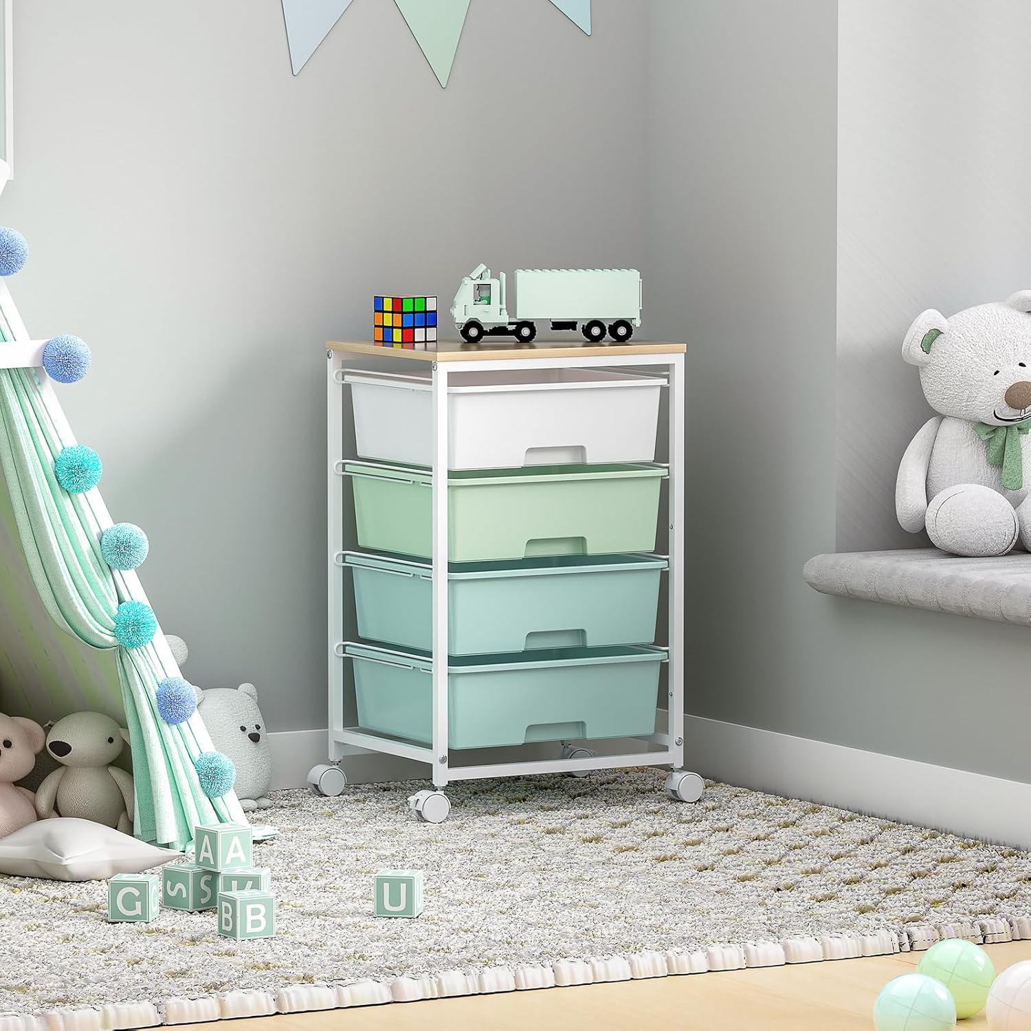 Utility Cart with 4 Drawers,Rolling Storage Cart with Drawers,Storage Rolling Drawer Cart with Wooden Tabletop for Bedroom,Kid's Room,Dorm,Classroom,Office,Green - Image 7