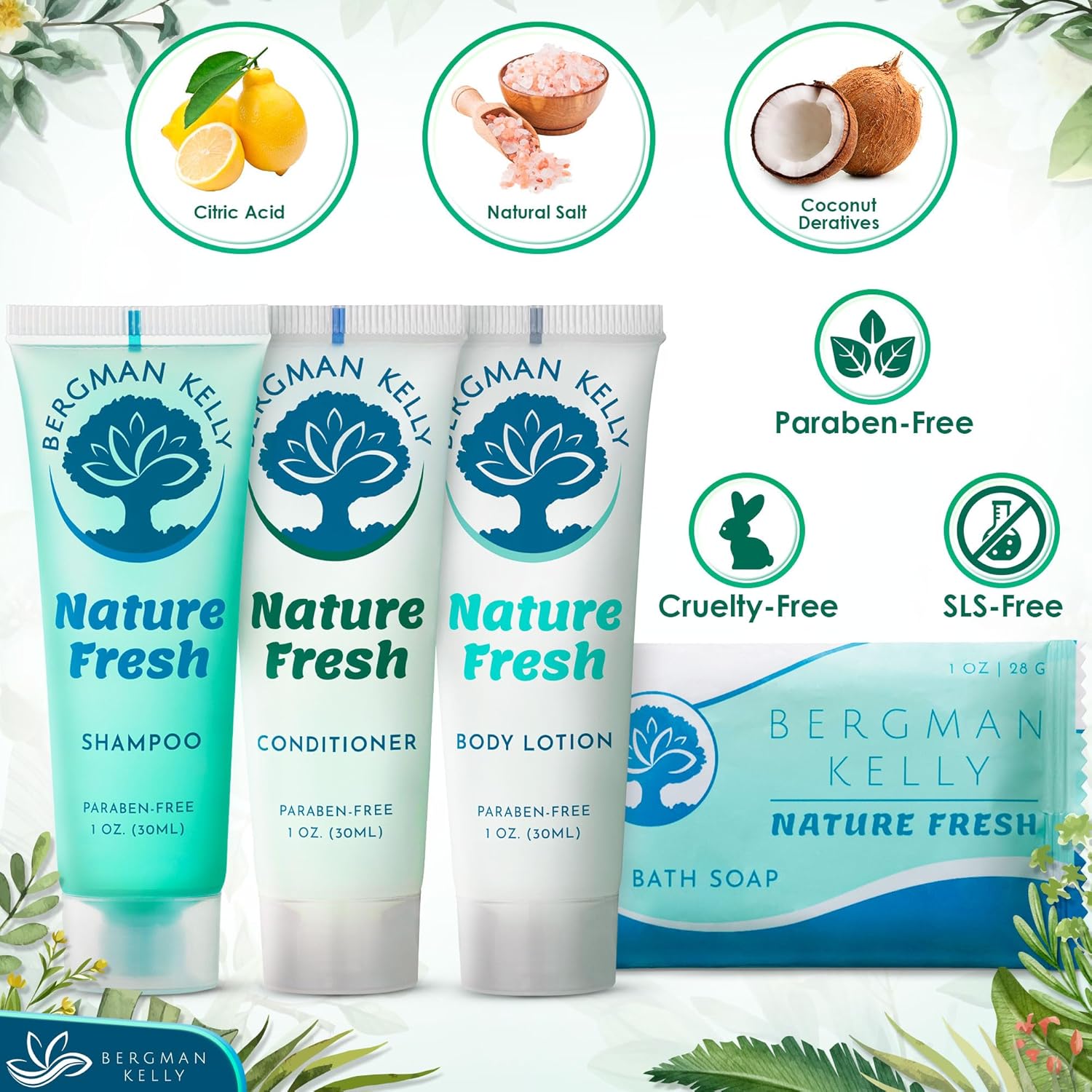 BERGMAN KELLY Hotel Toiletries Bundle (Nature Fresh, 1 oz each, 200 Pieces) 4-Piece Set: 50 Rectangular Bar Soap, 50 Shampoo, 50 Conditioner & 50 Body Lotion - Bulk Mini Guest Amenities - Image 2
