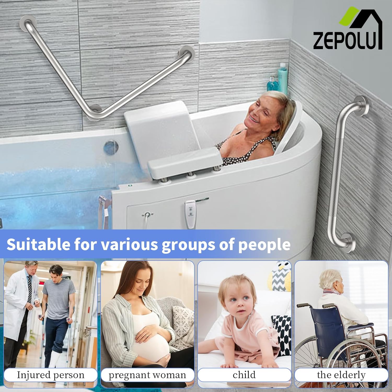 Brushed Nickel Angled Grab Bar 16 Inch, Zepolu Stainless Steel L-Shaped Safety Grab Rail, Bathroom Mobility Aid Handrail, Wall Mounted Balance Support Assist Shower Handle for Senior Elderly Handicap - Image 4